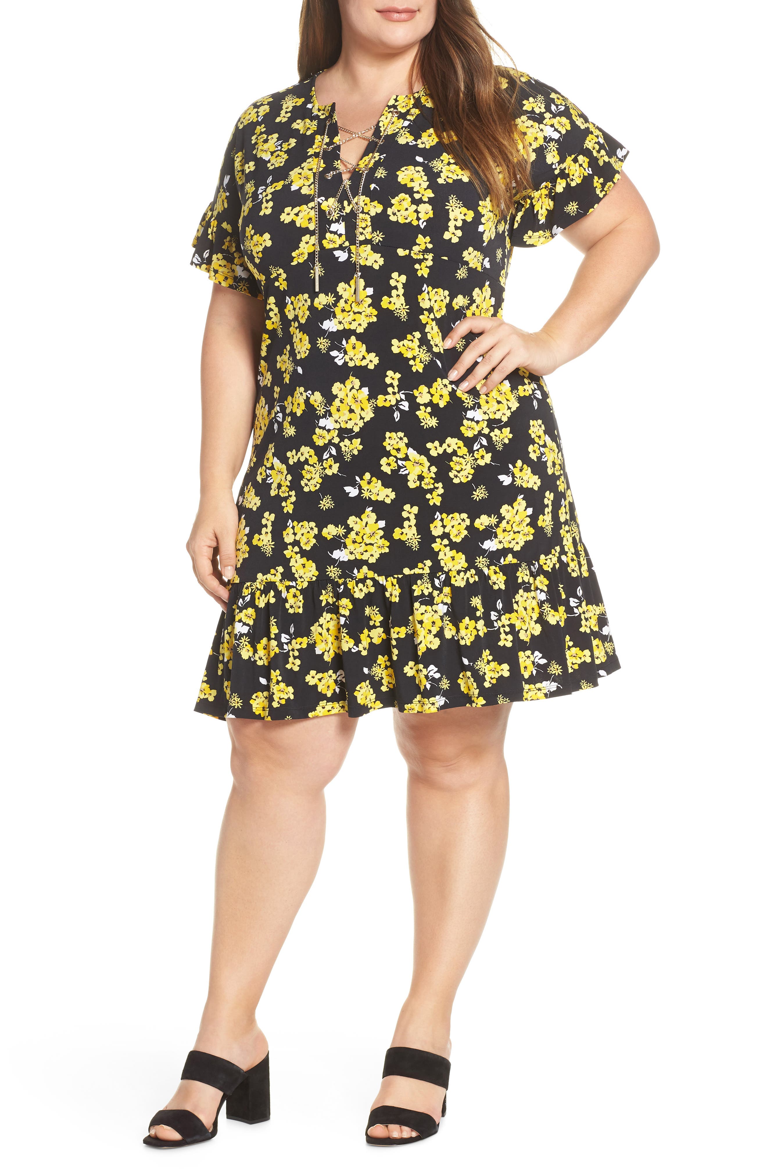 Plus Size Michael Michael Kors Glam Painterly Lace-Up Chain Dress, Black