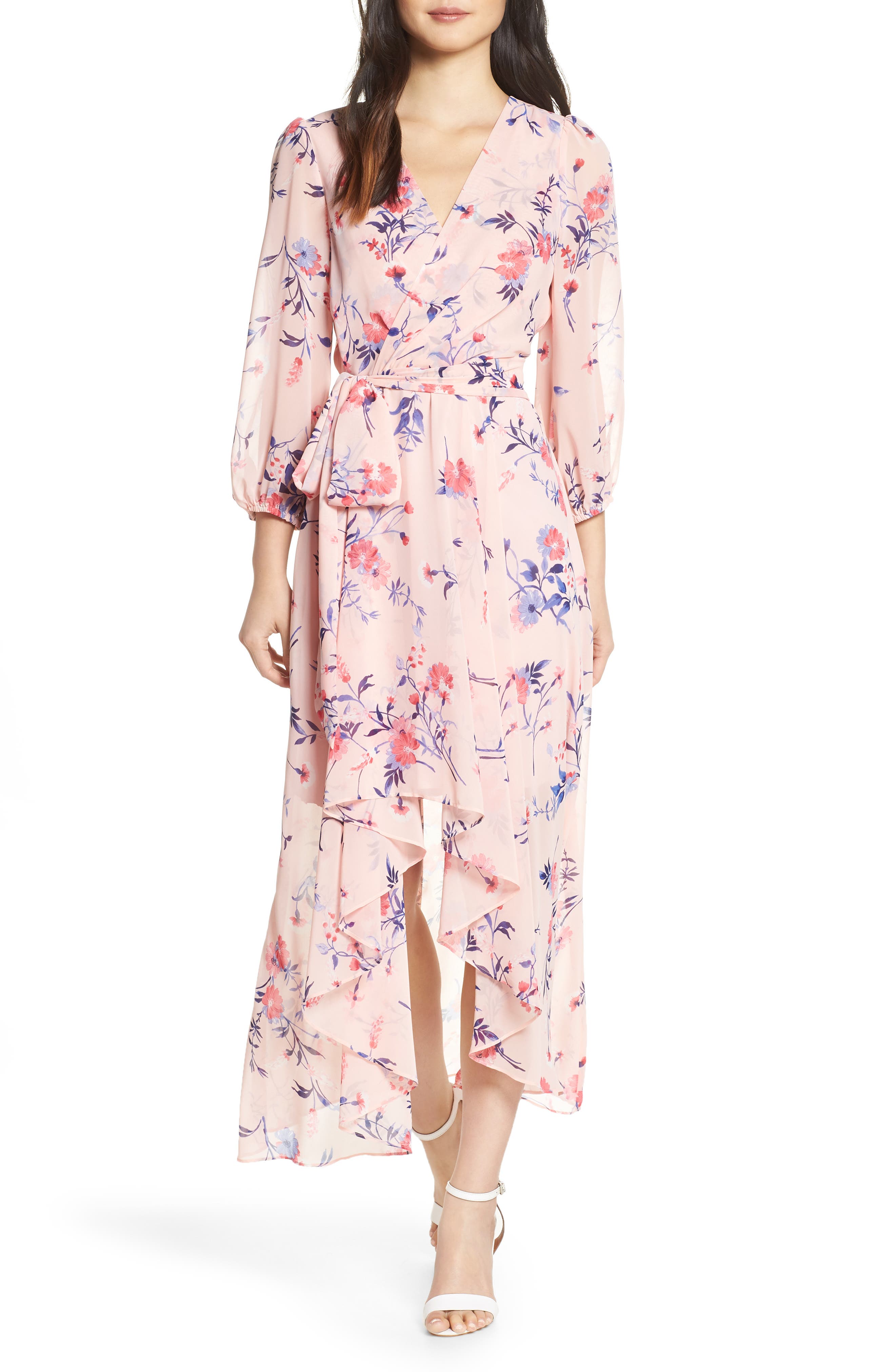 Eliza J Floral Print High/low Wrap Maxi Dress, Pink