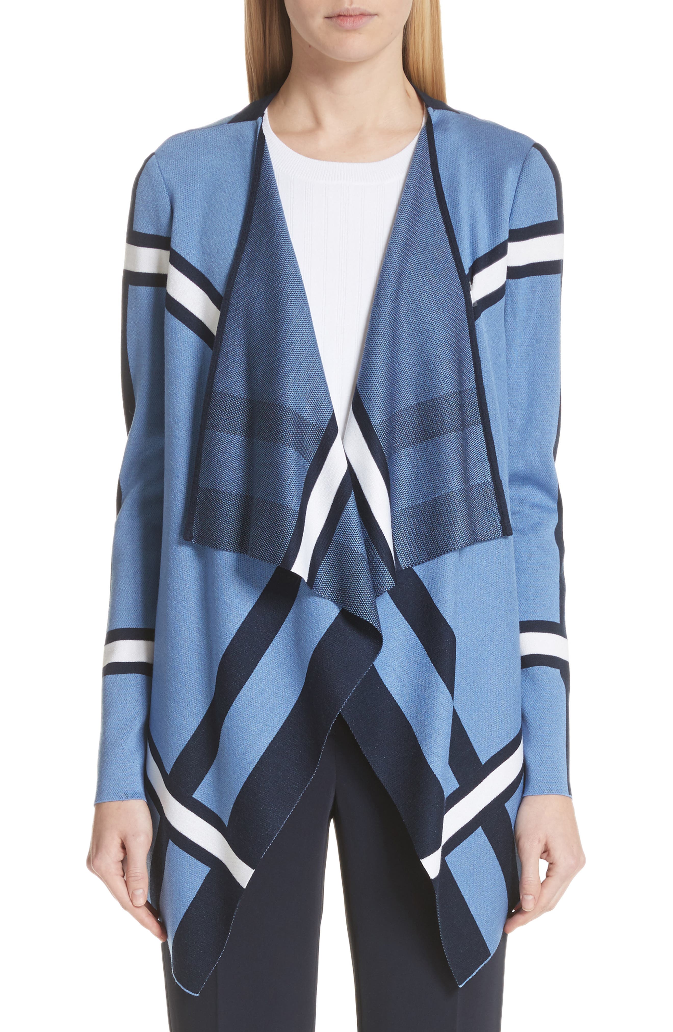 St. John Collection Variegated Stripe Cardigan, Size Petite - Blue