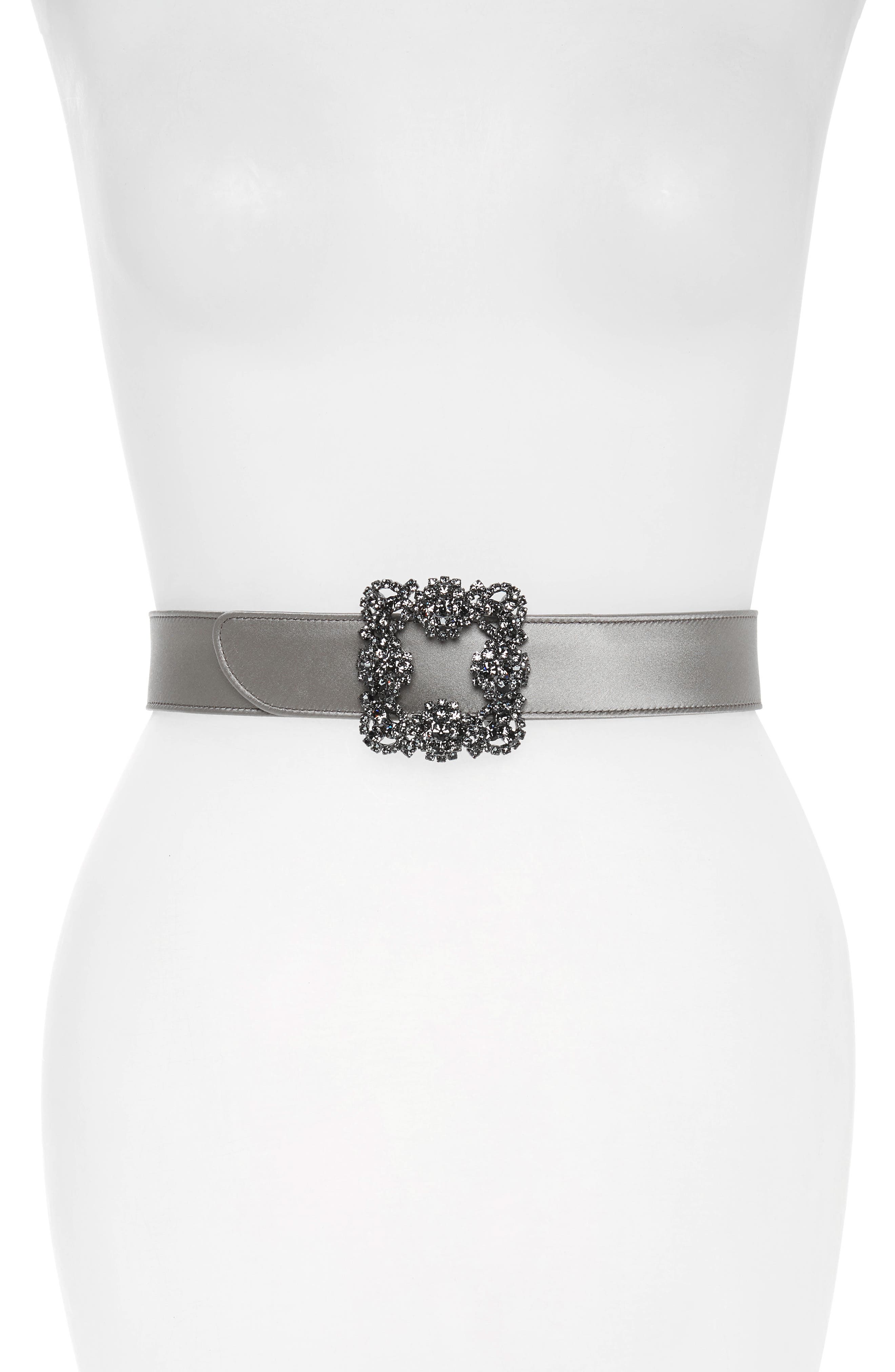Manolo Blahnik Hangisi Jewel Buckle Satin Belt, Silver