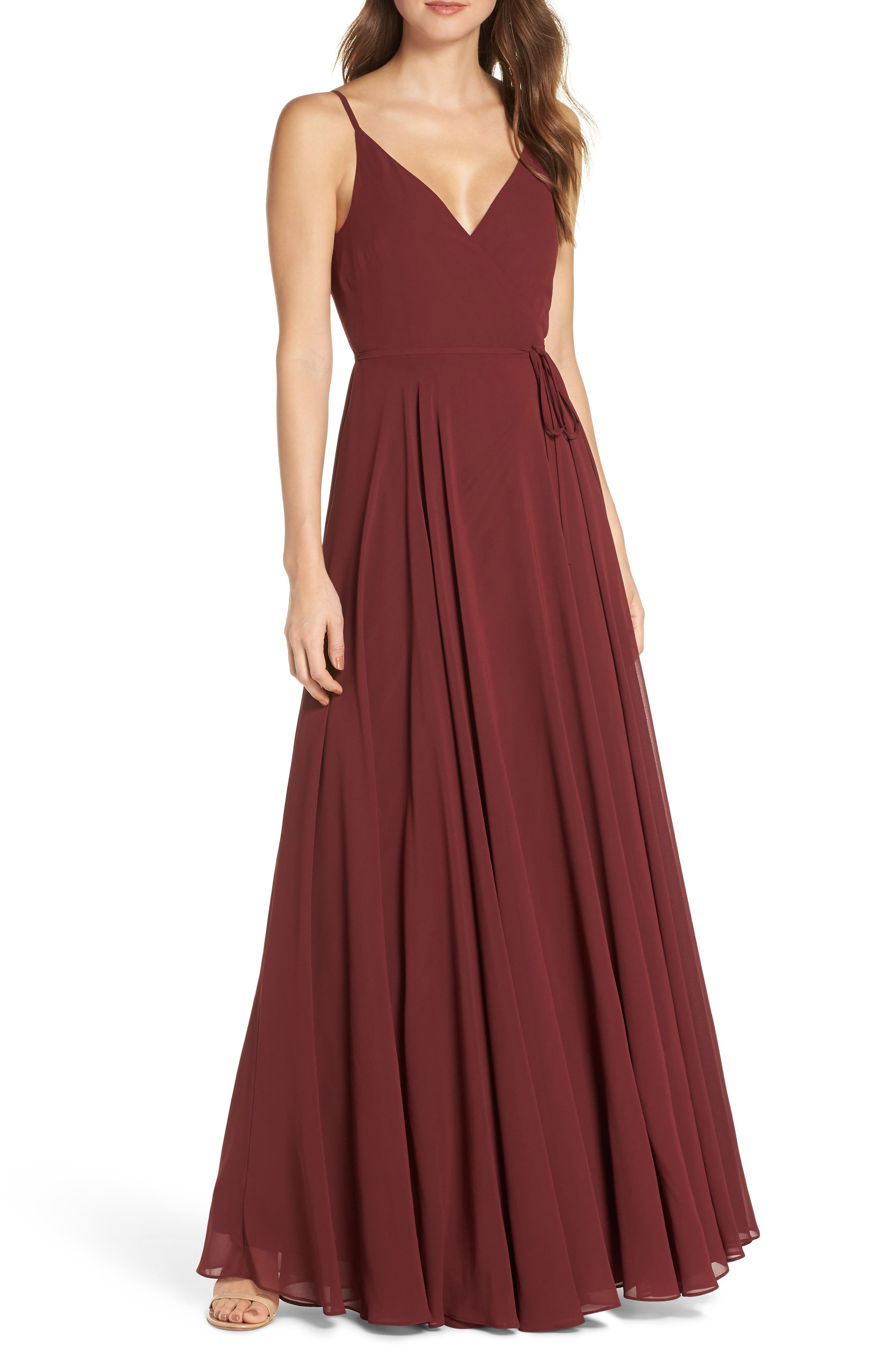 Jenny Yoo James Sleeveless Wrap Chiffon Evening Dress, Red