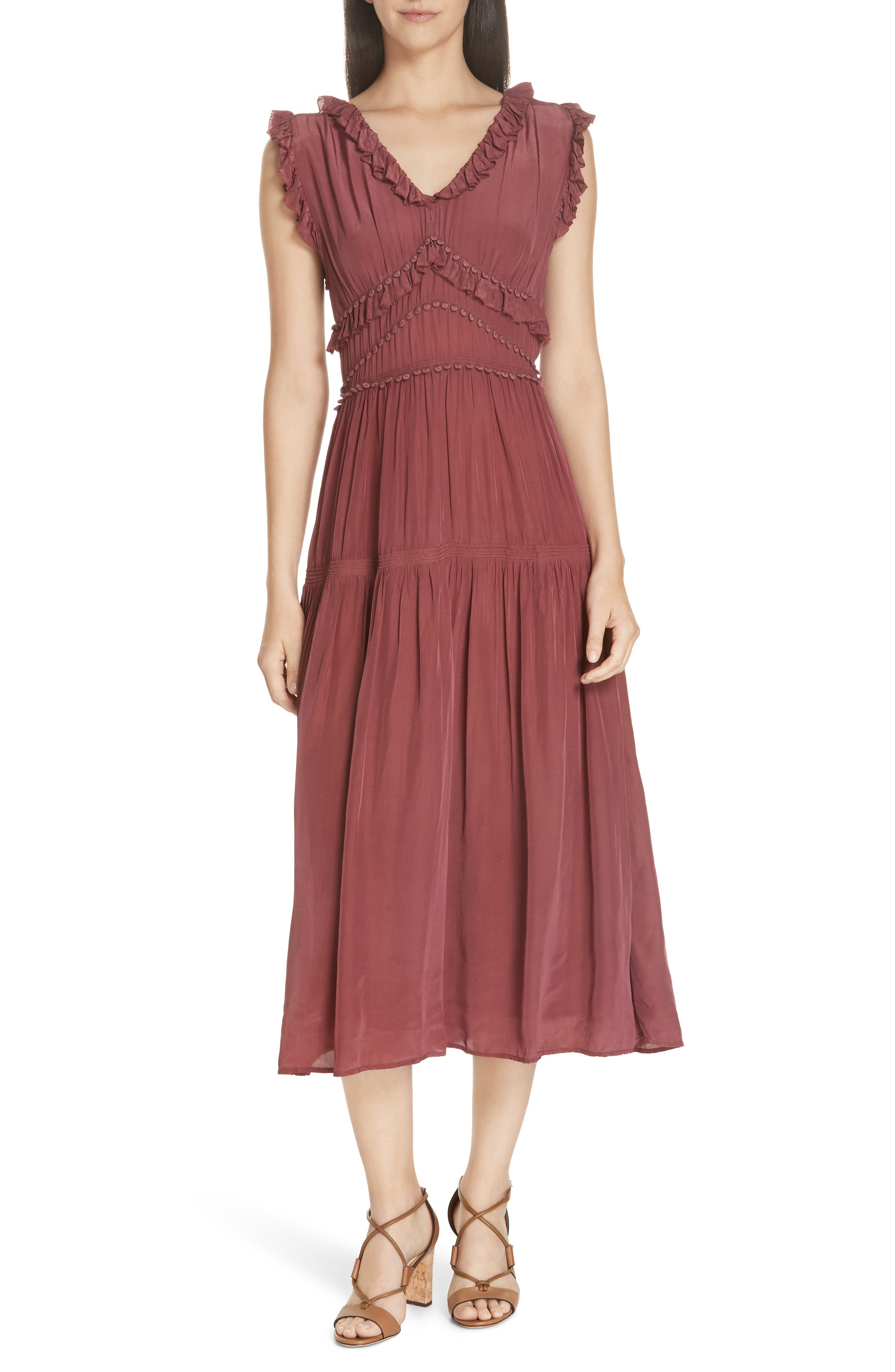 Sea Hemmingway Ruffle Midi Dress, Purple