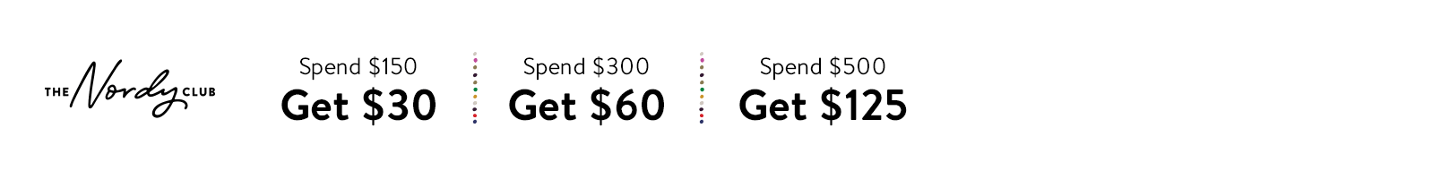 Spend $150, Get $30. Spend $300, Get $60. Spend $500, Get $125.