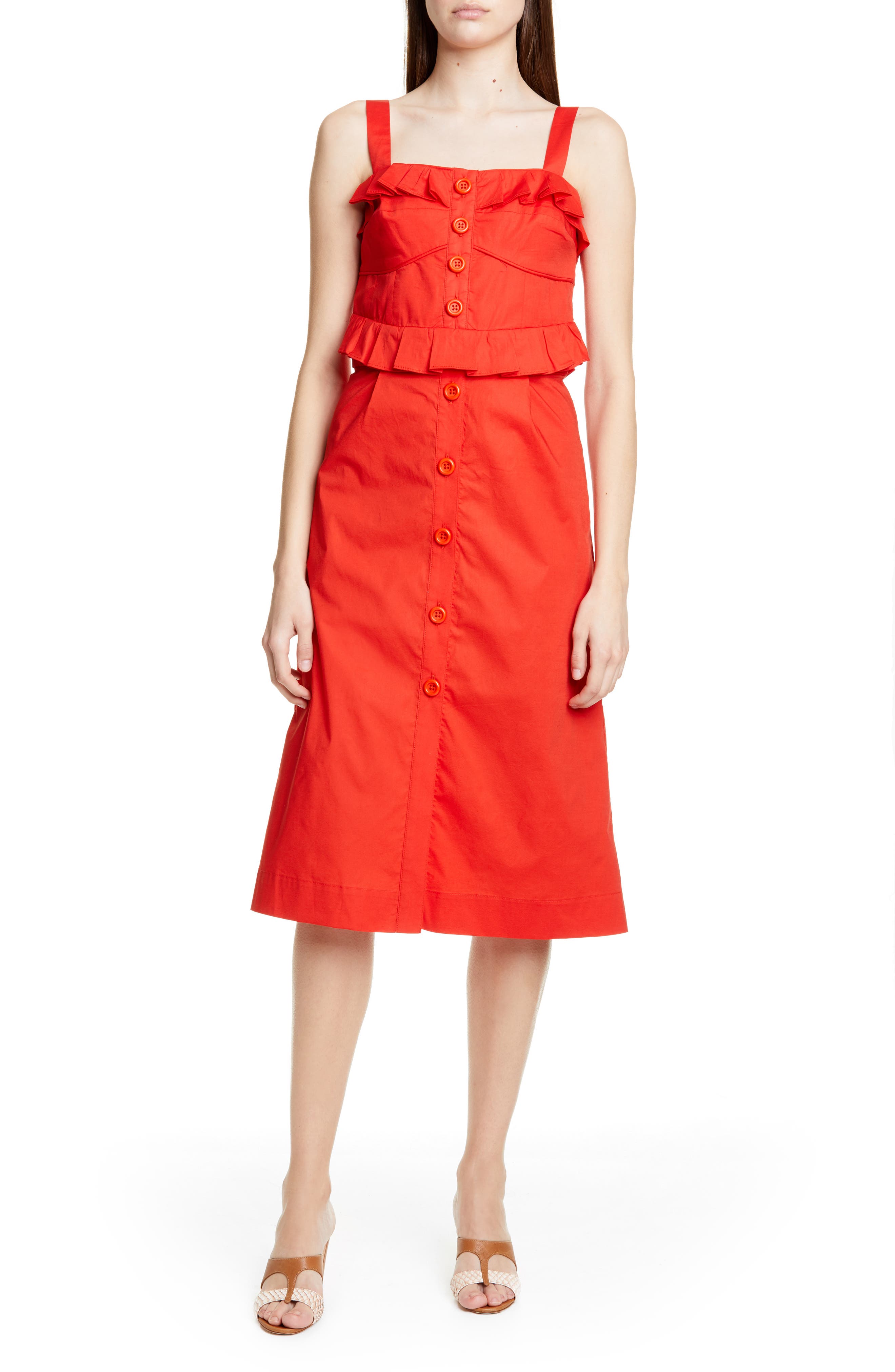 Sea Ruffle Corset Midi Dress, Red