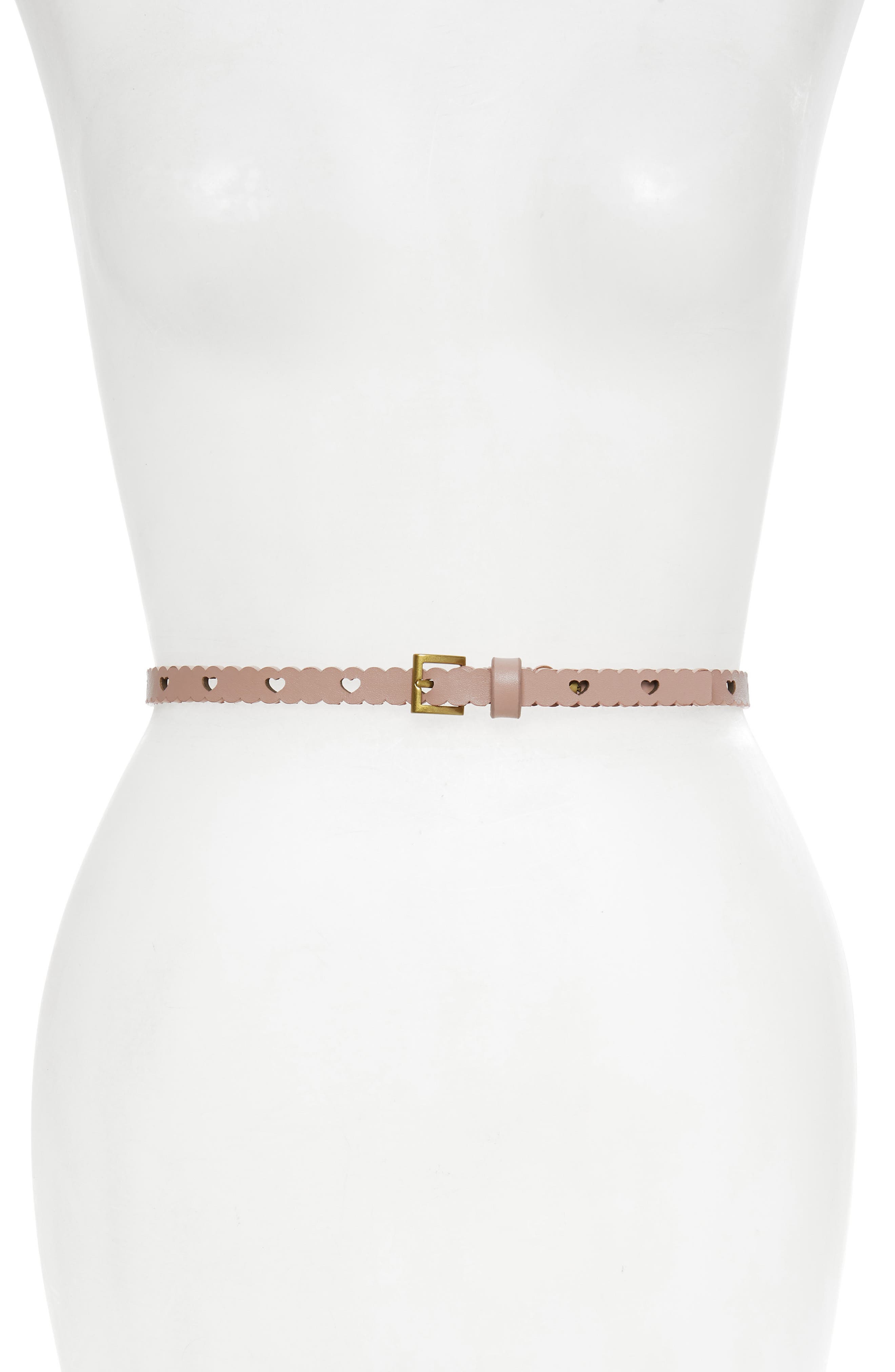 Kate Spade New York Stone Heart Scalloped Calfskin Leather Skinny Belt, Warm Vellum/ Brass