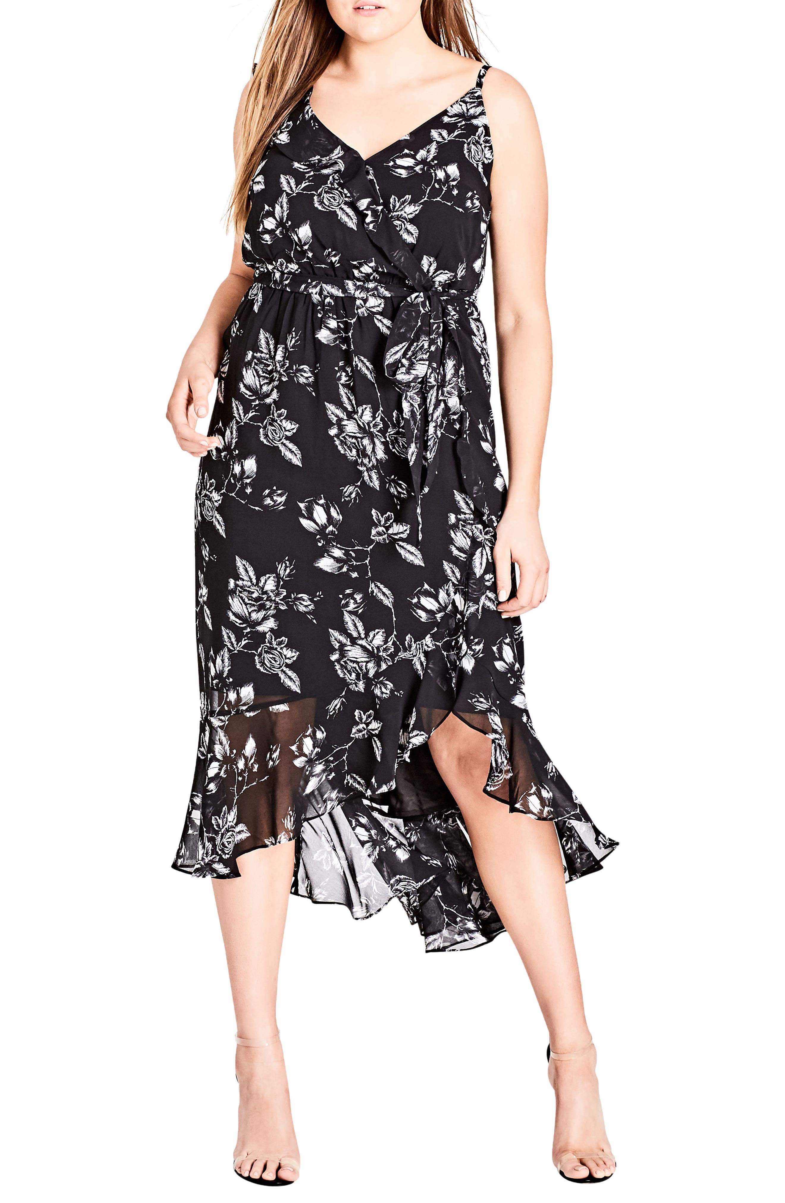 Plus Size City Chic Frill Rose Faux Wrap Dress, Black