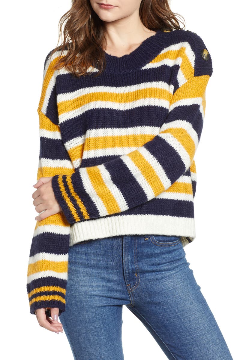 Button Shoulder Stripe Sweater, Main, color, NAVY MARITIME CAITLYN STRIPE