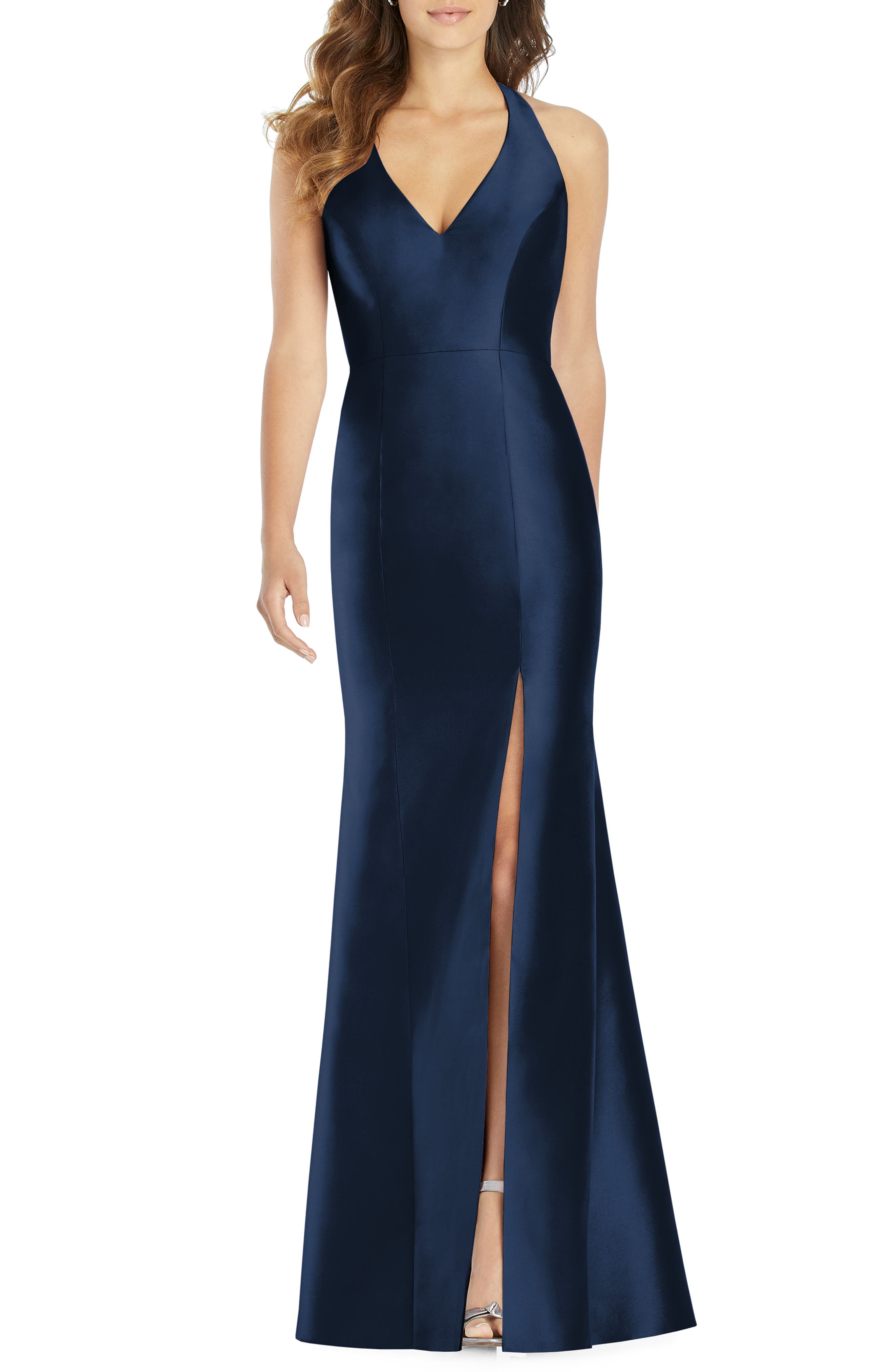 Alfred Sung Halter Neck Sateen Twill Trumpet Gown, Blue