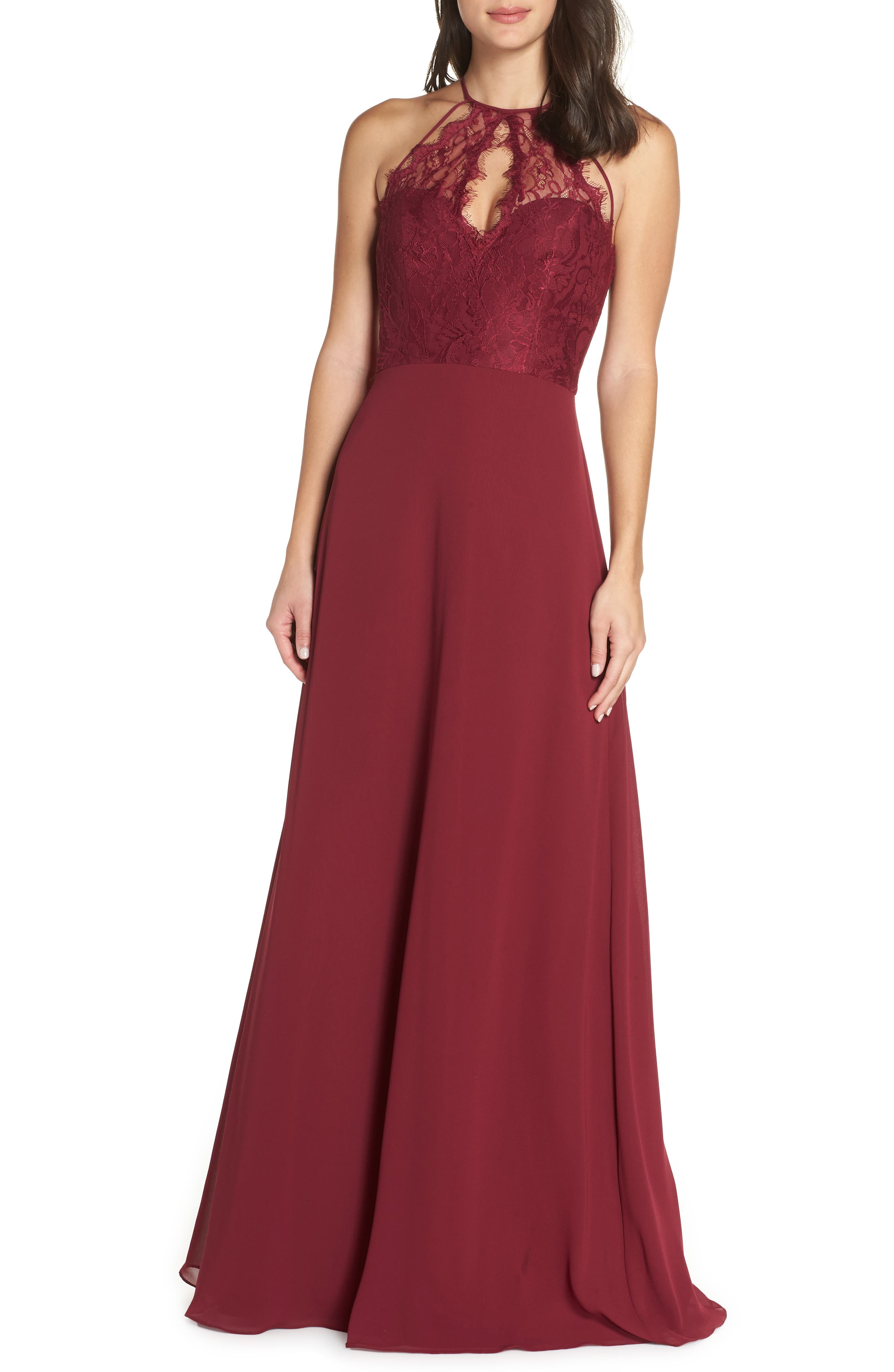 Hayley Paige Occasions Lace & Chiffon Halter Gown, Burgundy