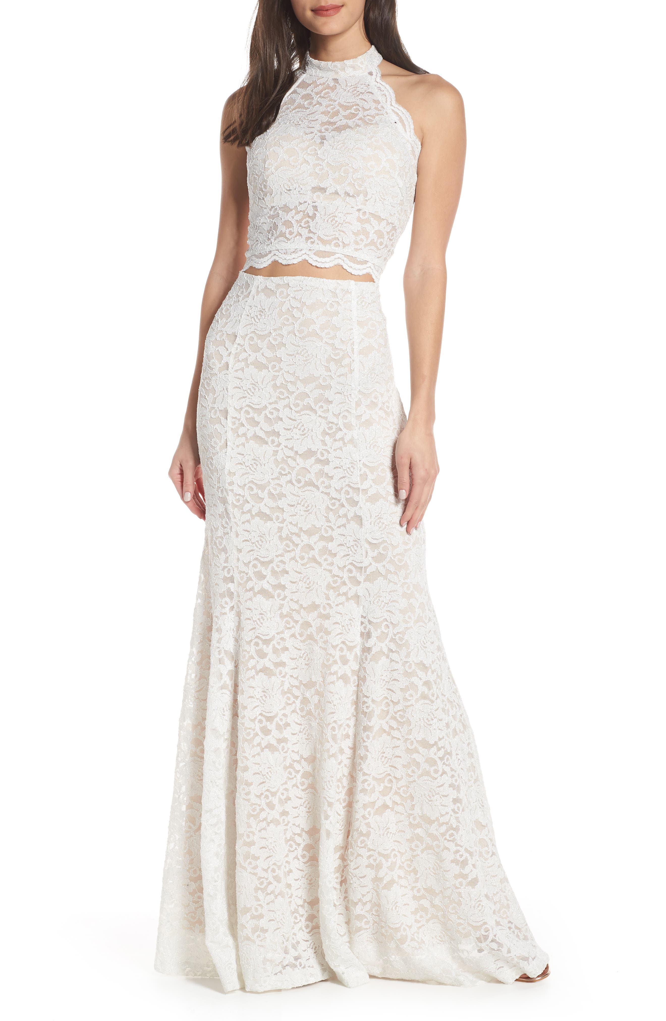 Sequin Hearts Glitter Lace Two-Piece Gown, Beige