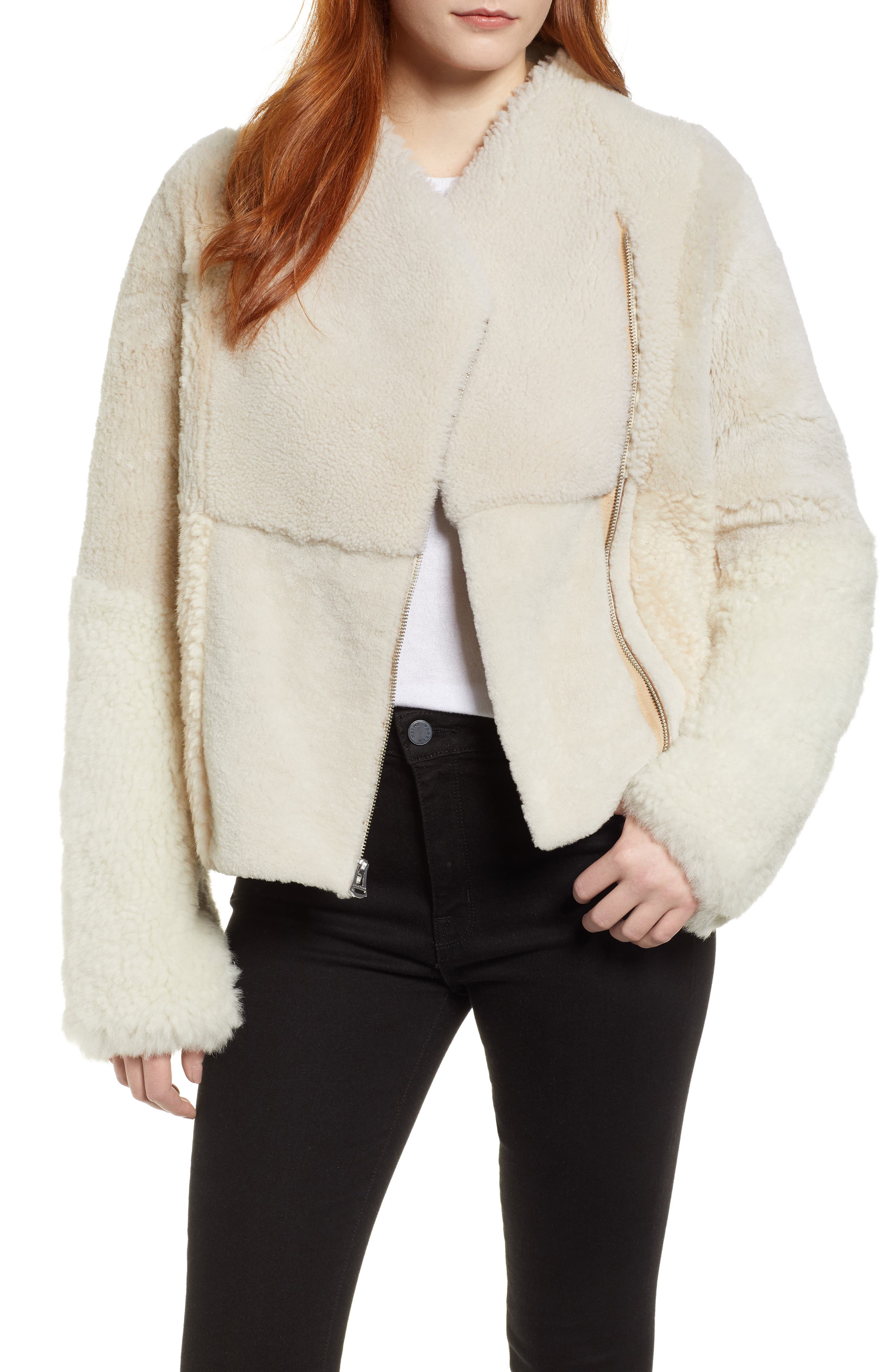 Cole Haan Patchwork Genuine Shearling Jacket, Ivory