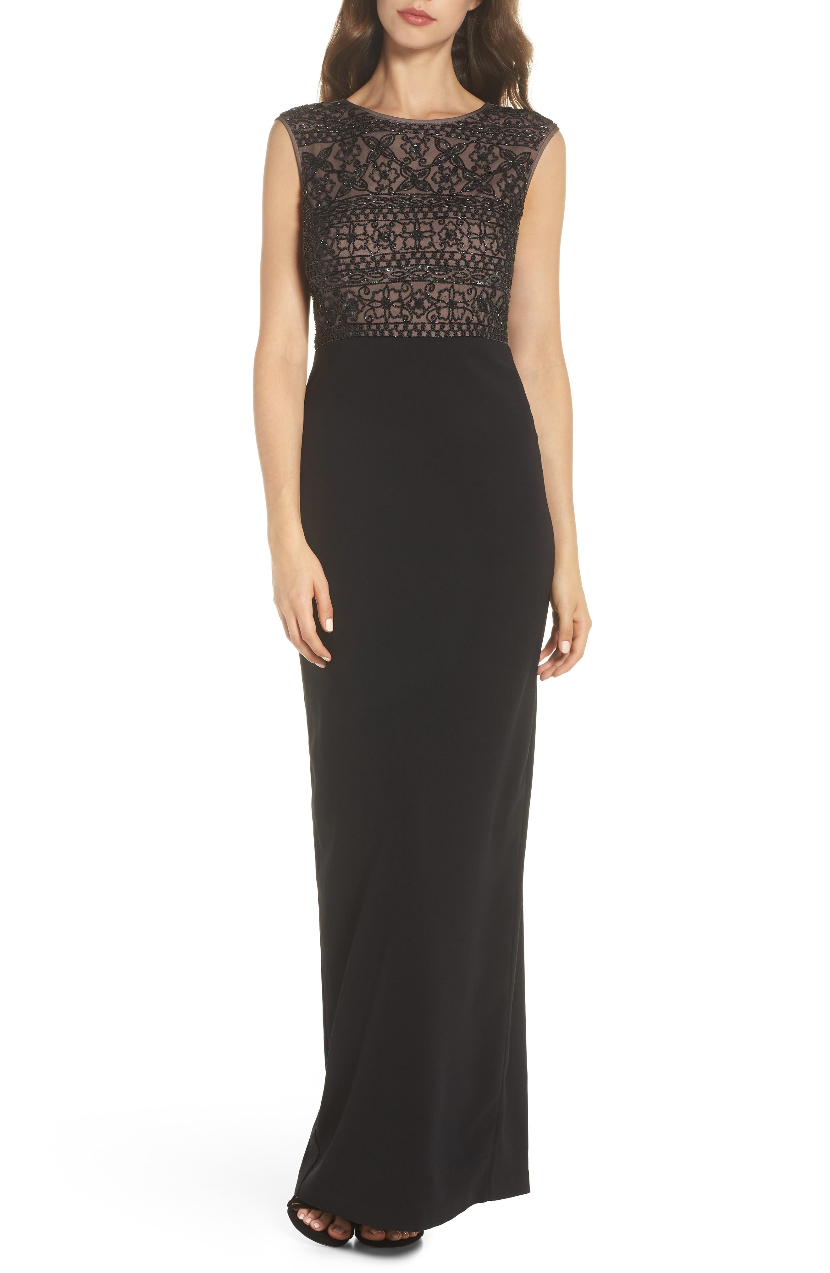 Adrianna Papell Beaded Mesh Bodice Gown
