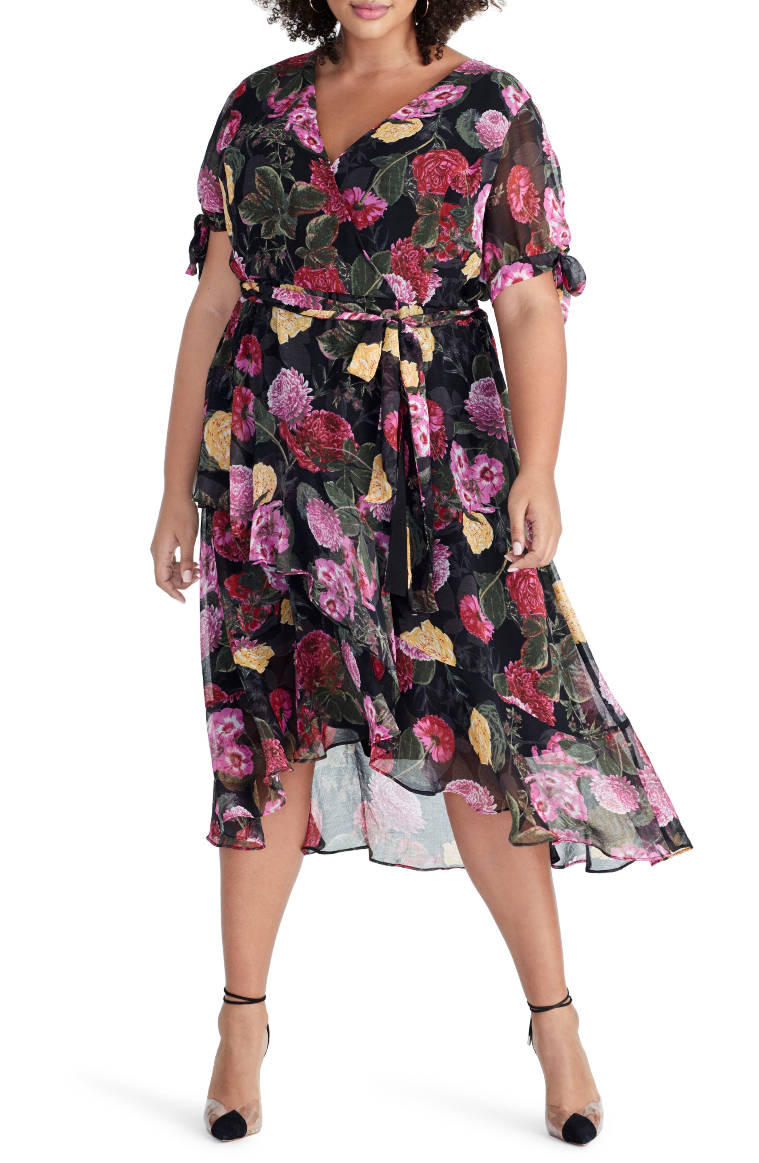 Plus Size Rachel Rachel Roy Rina Floral Print Chiffon Dress, Black