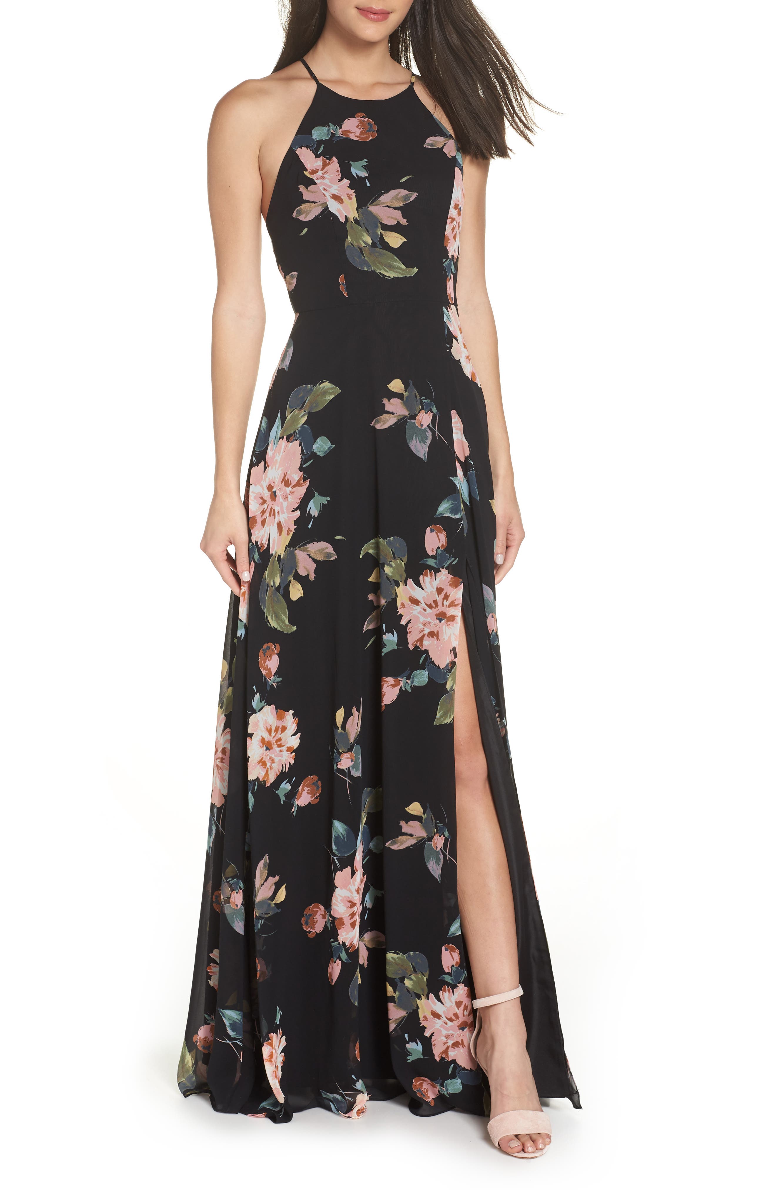 Jenny Yoo Collection Kayla Ohana Print Gown, Black