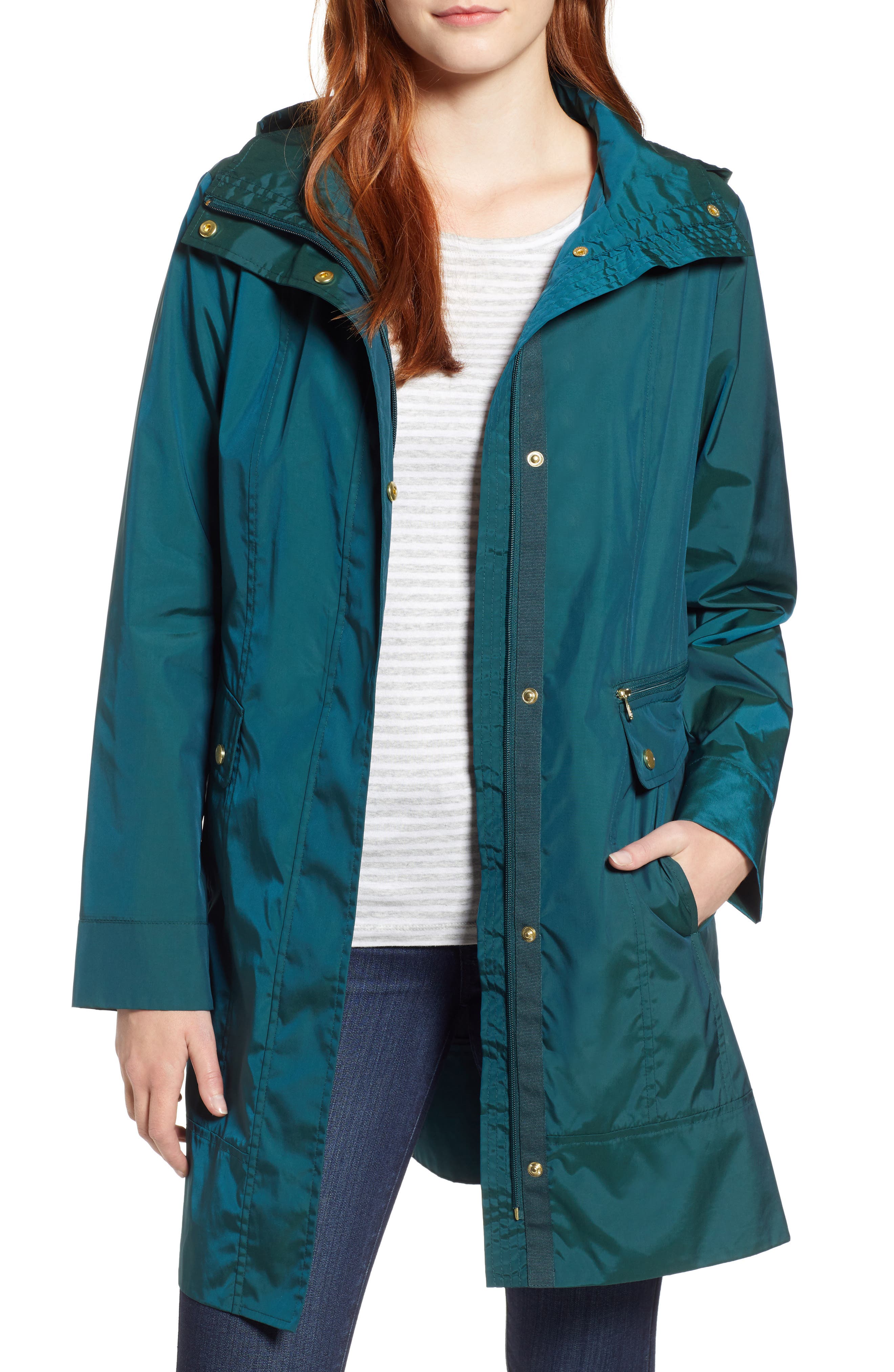Cole Haan Signature Back Bow Packable Hooded Raincoat, Green