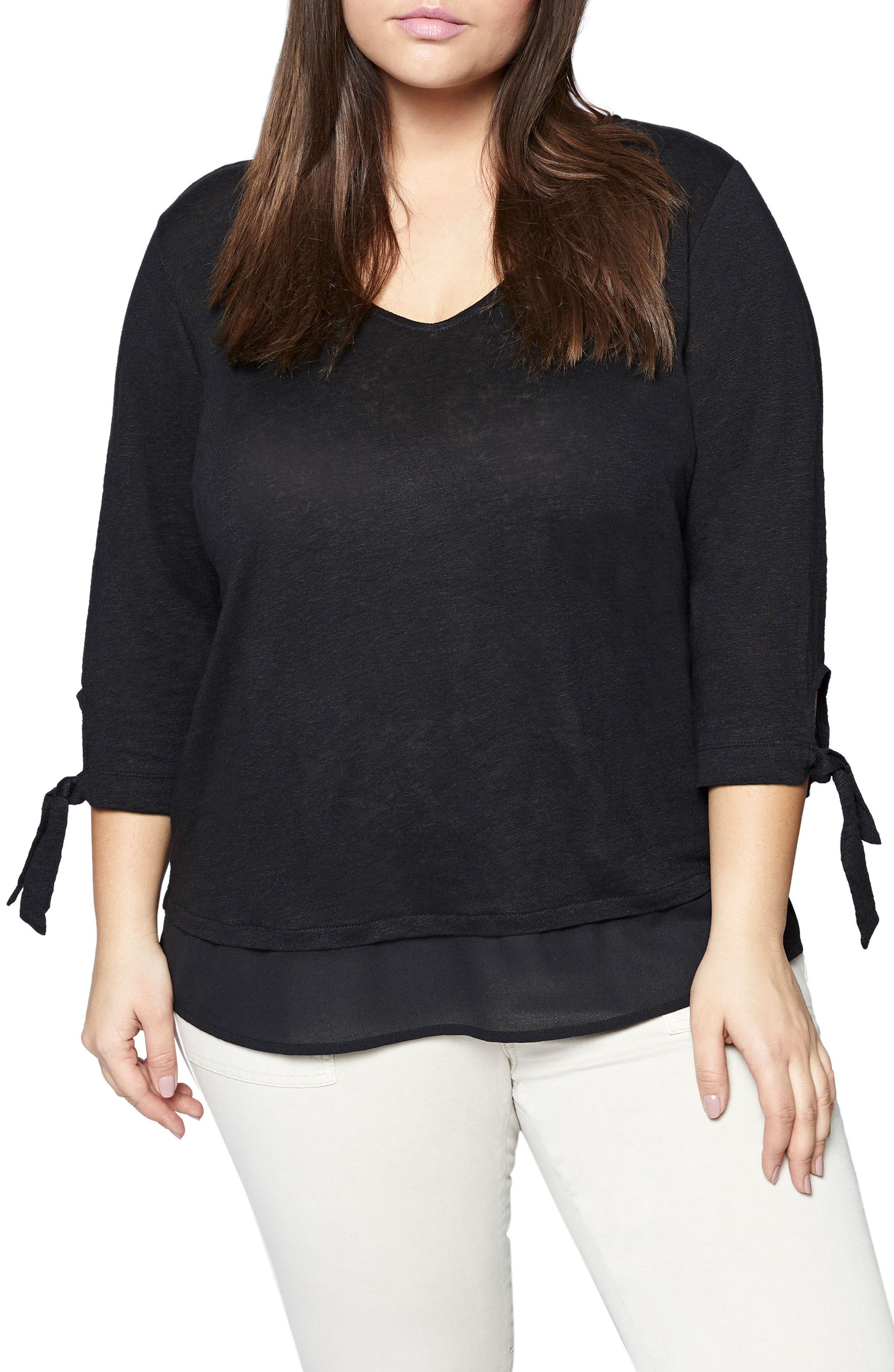 Plus Size Sanctuary Sylvie Tiered Hem Linen Tee, Black