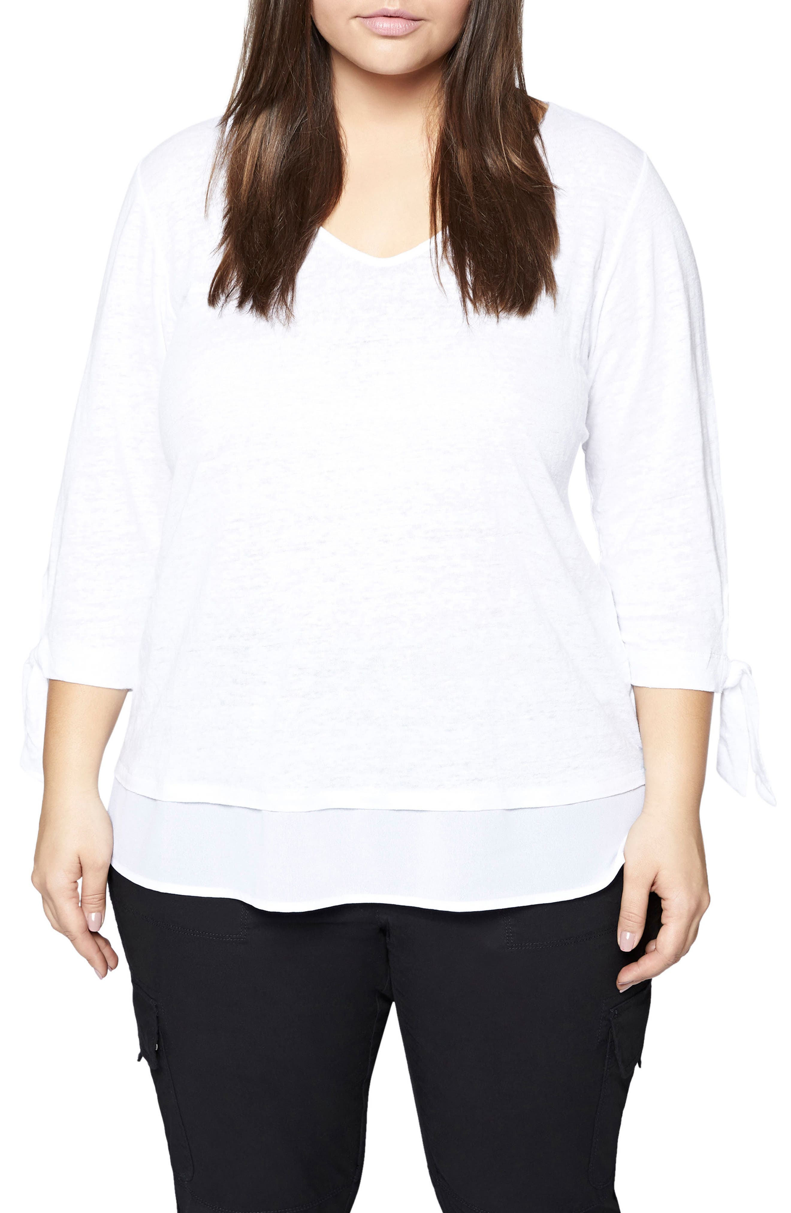 Plus Size Sanctuary Sylvie Tiered Hem Linen Tee, White