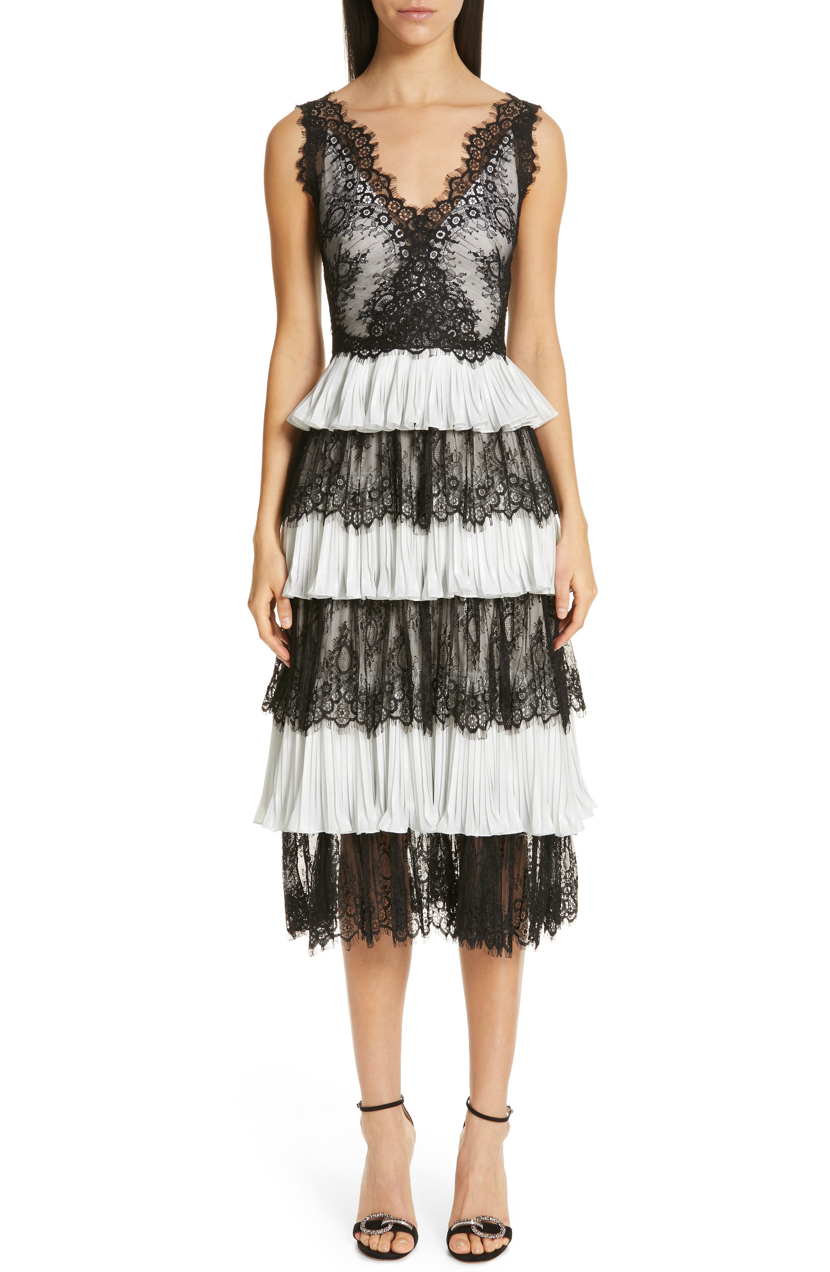 Marchesa Notte Tiered Lace Tea Length Dress, Black