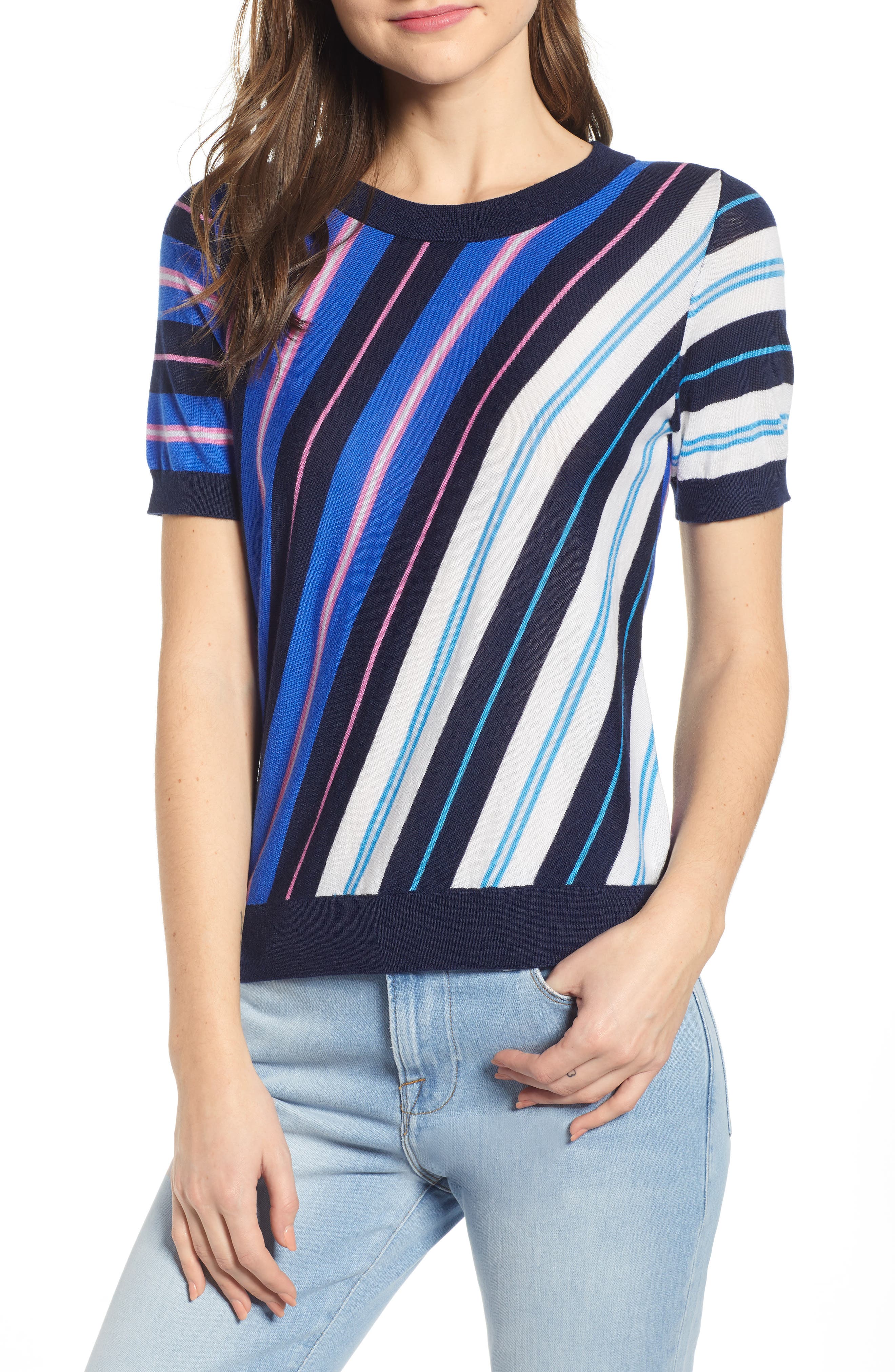 J.crew Diagonal Stripe Short Sleeve Cotton & Wool Blend Sweater, Blue