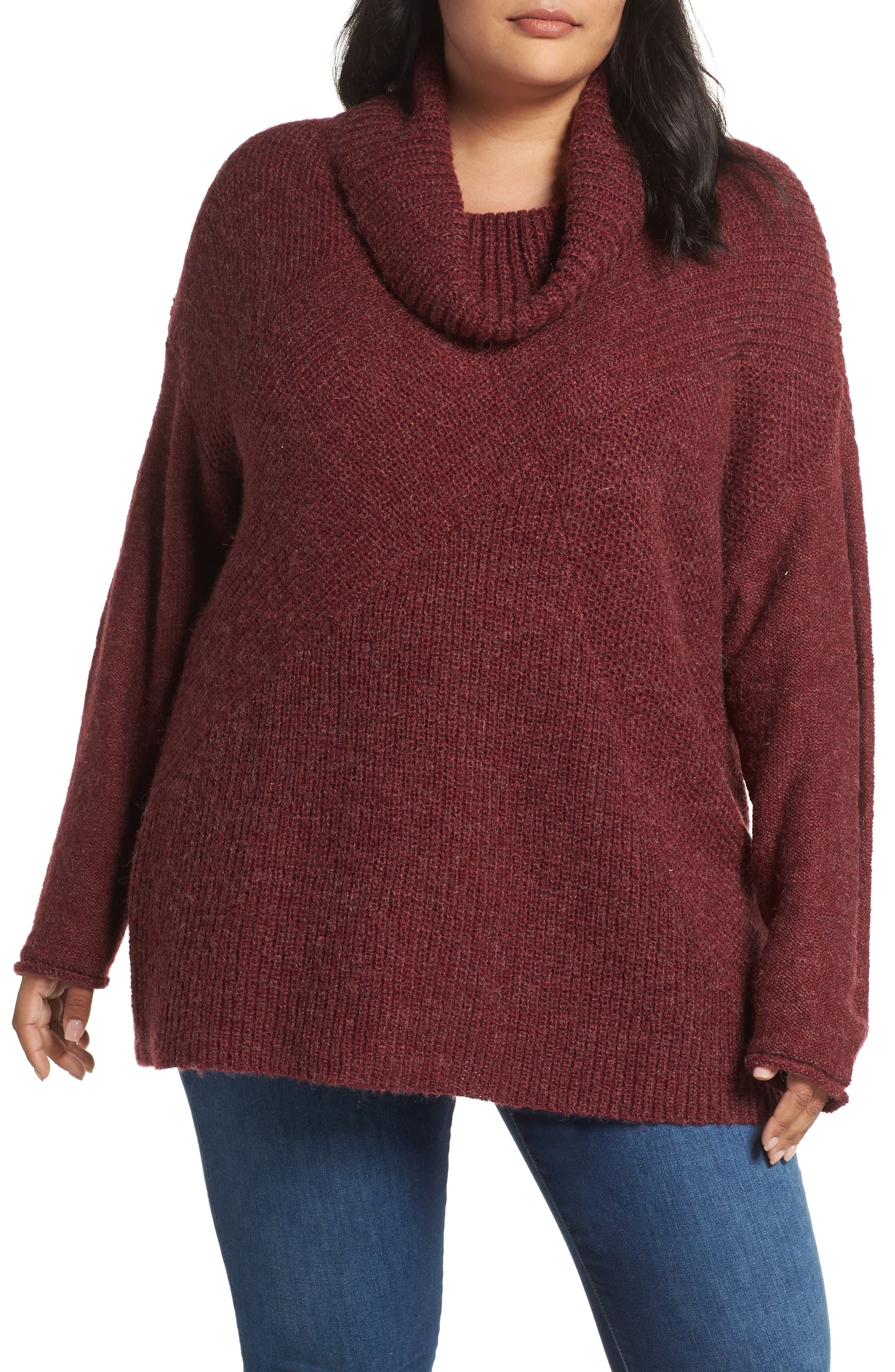 Plus Size Caslon Mix Stitch Wool Blend Funnel Neck Sweater, Burgundy