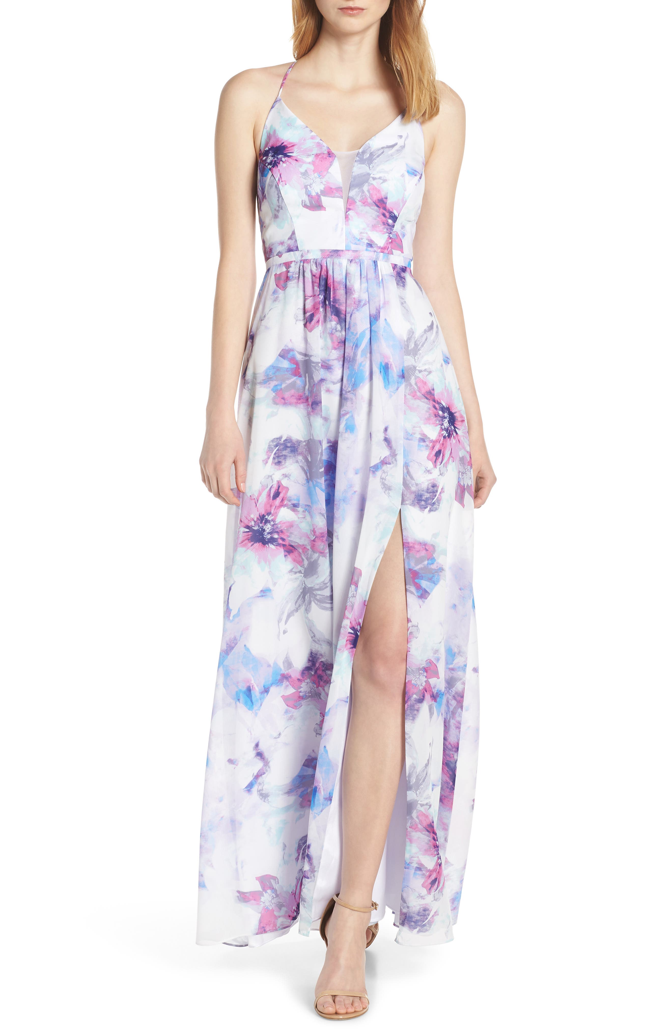Morgan & Co. Floral Print Strappy Back Chiffon Evening Dress, Blue