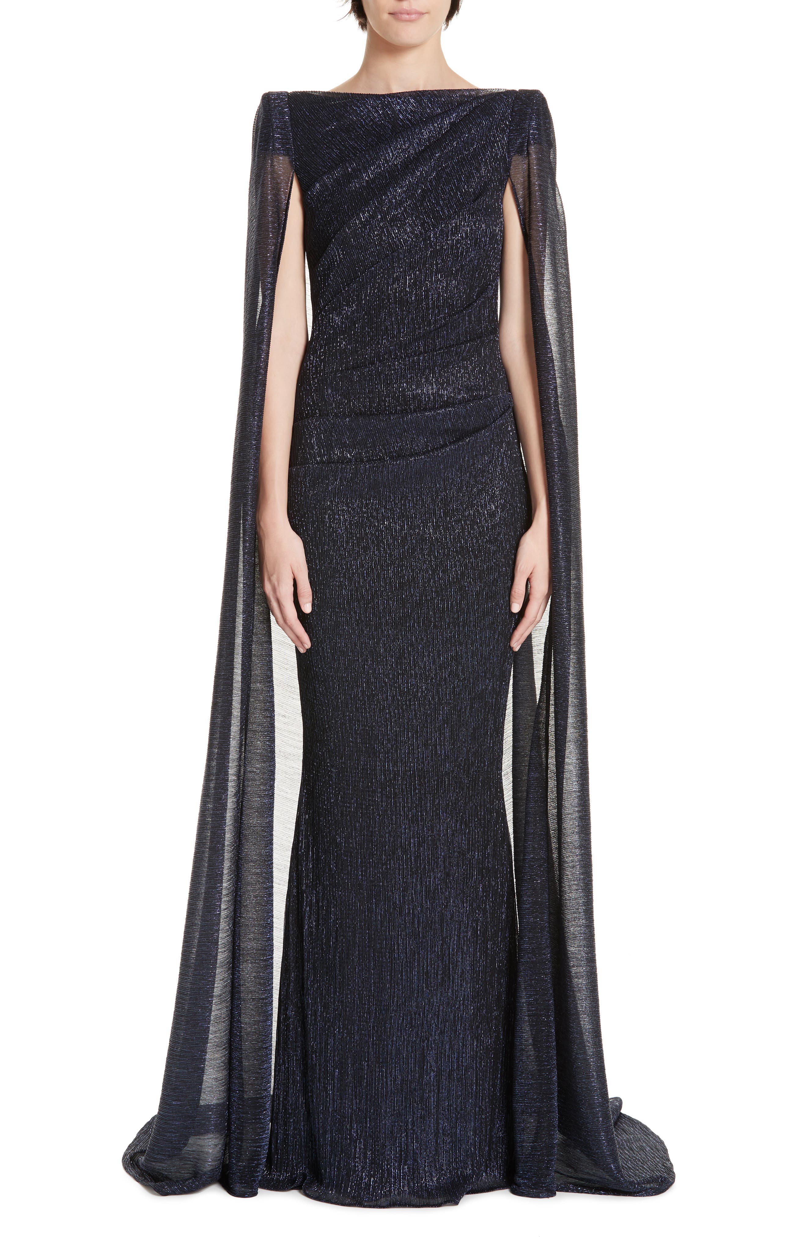 Talbot Runhof Off The Shoulder Sequined Dress With Cape