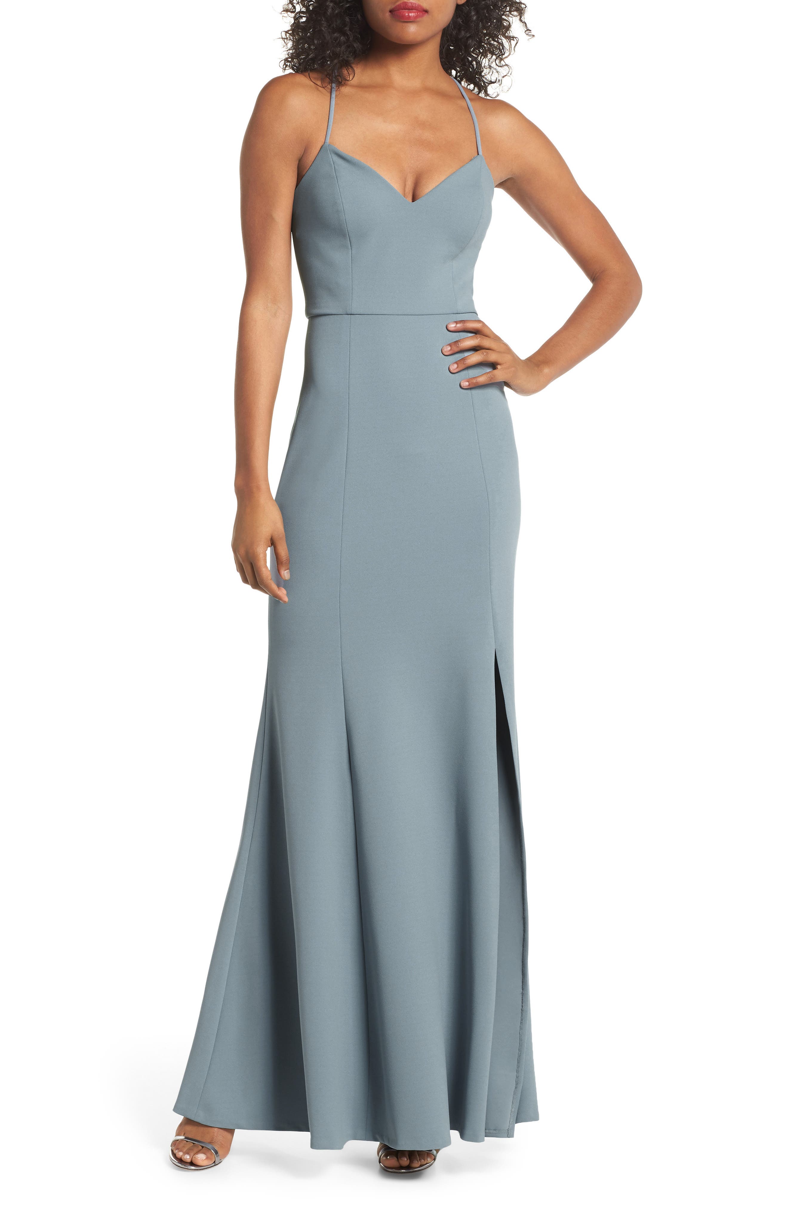 Jenny Yoo Reese Crepe Knit Gown, Blue