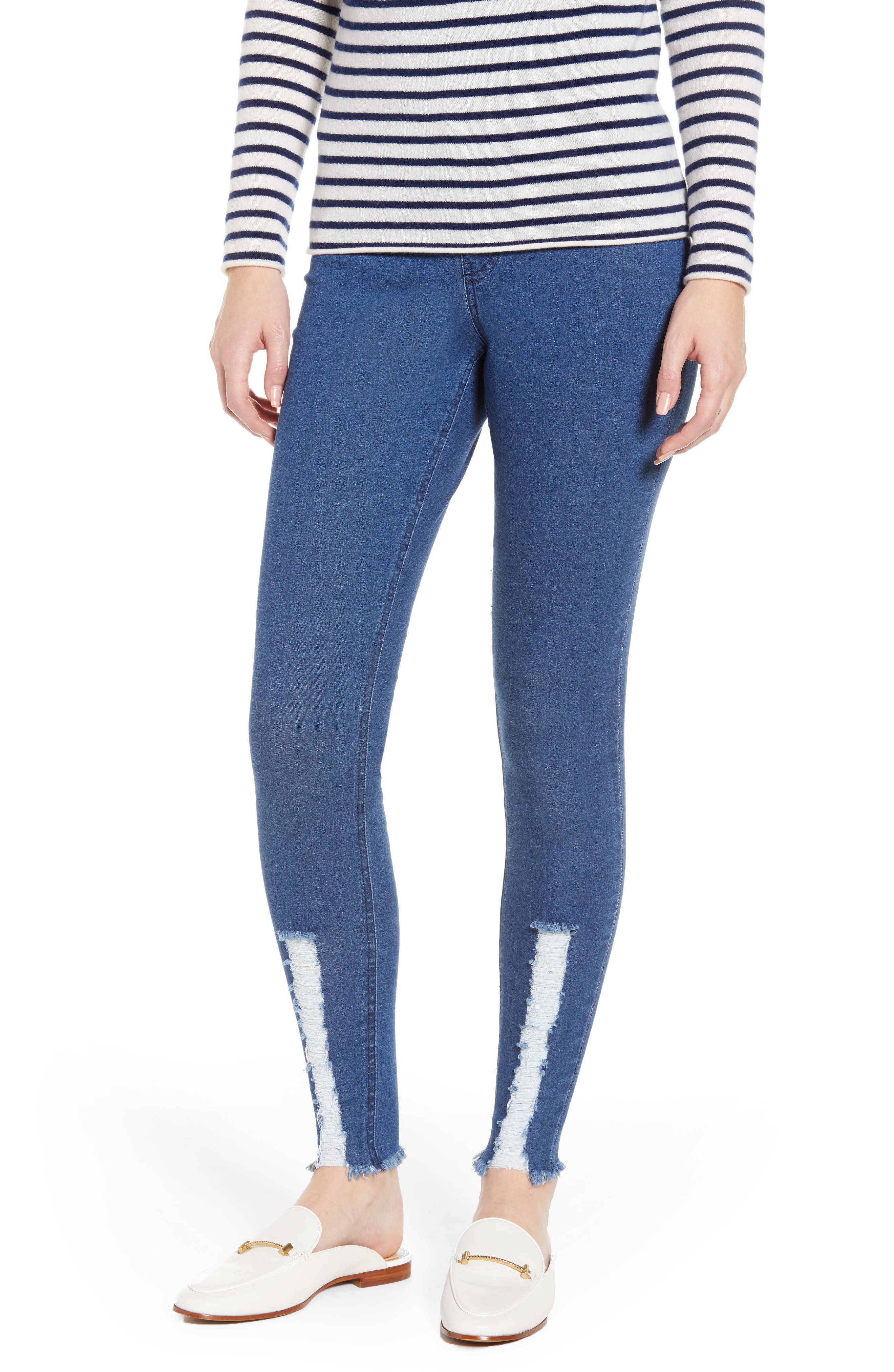 Hue Shredded Denim Leggings, Blue