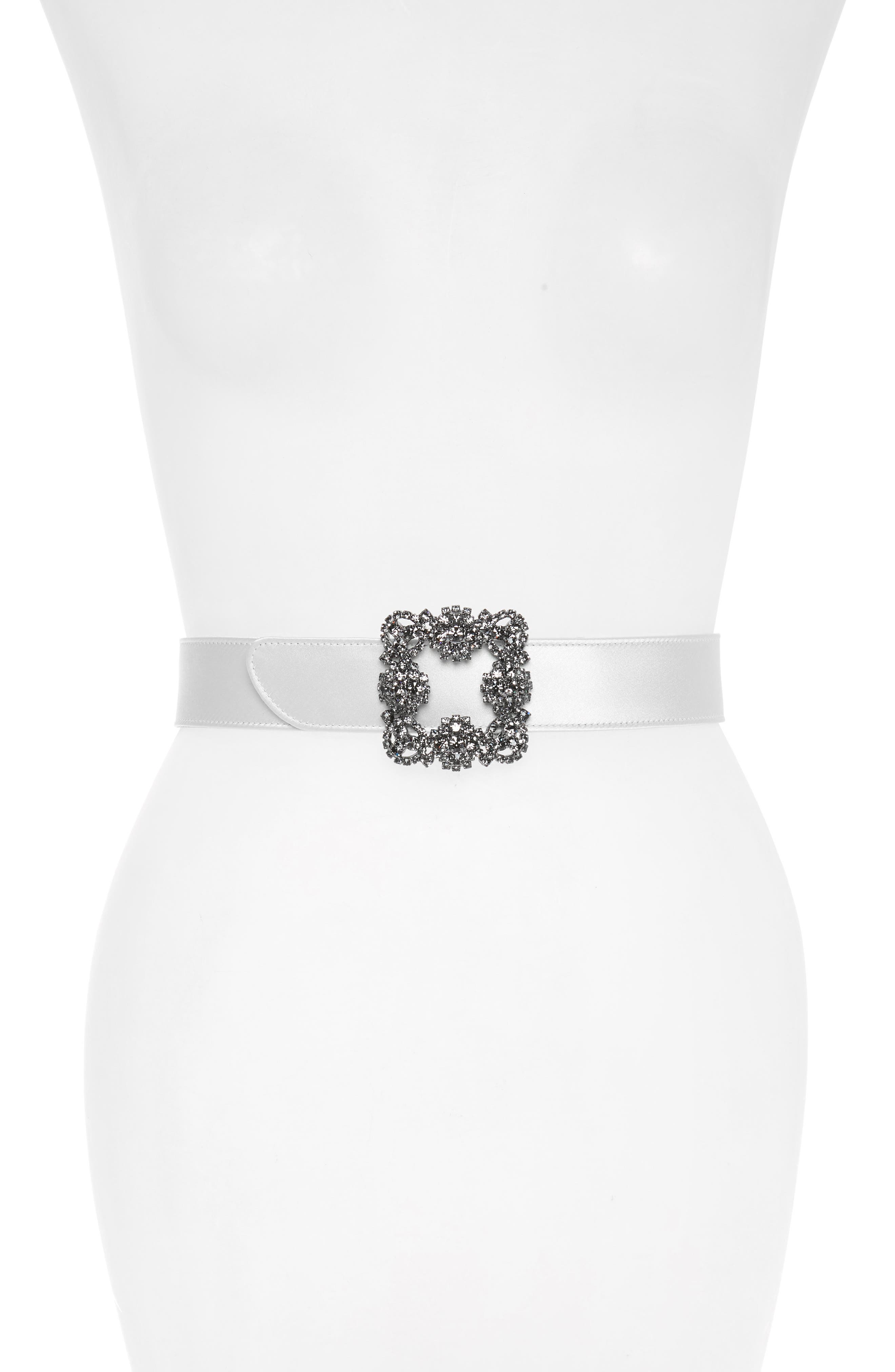 Manolo Blahnik Hangisi Jewel Buckle Satin Belt, White