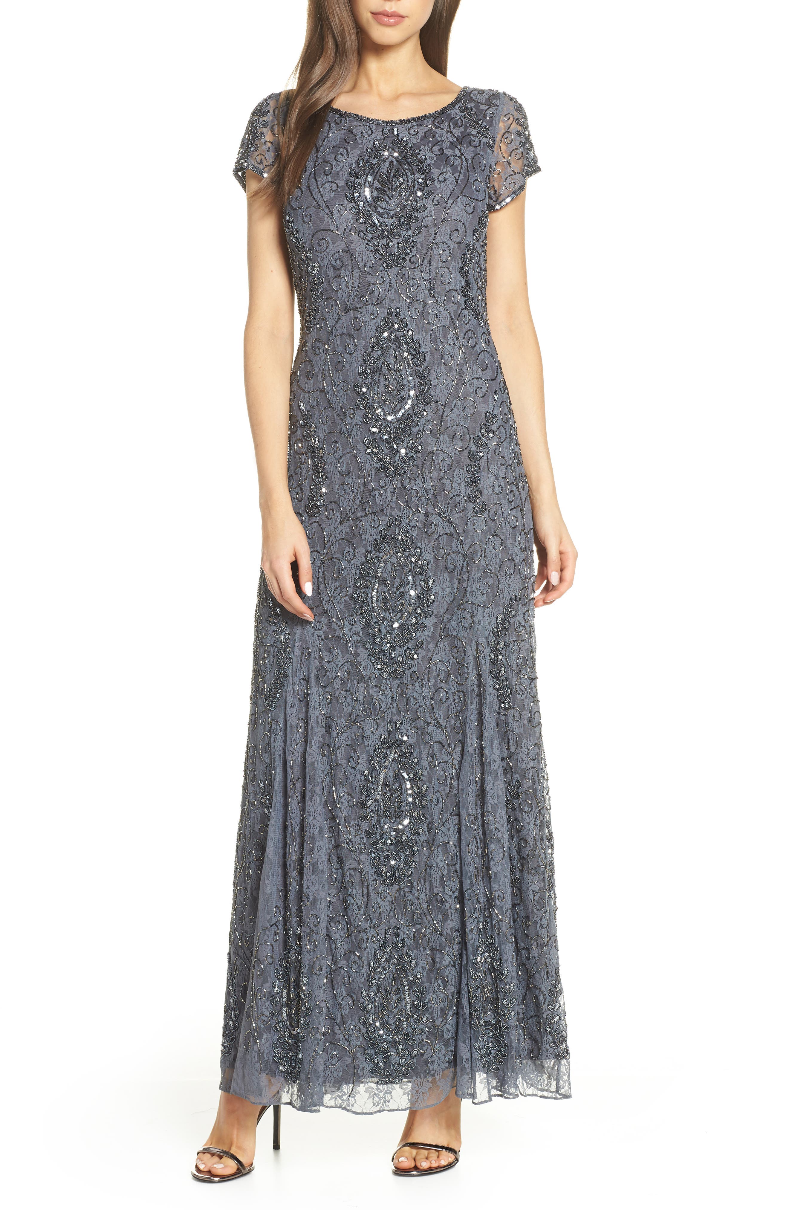 Petite Pisarro Nights Cap Sleeve Beaded Lace Evening Dress, Grey