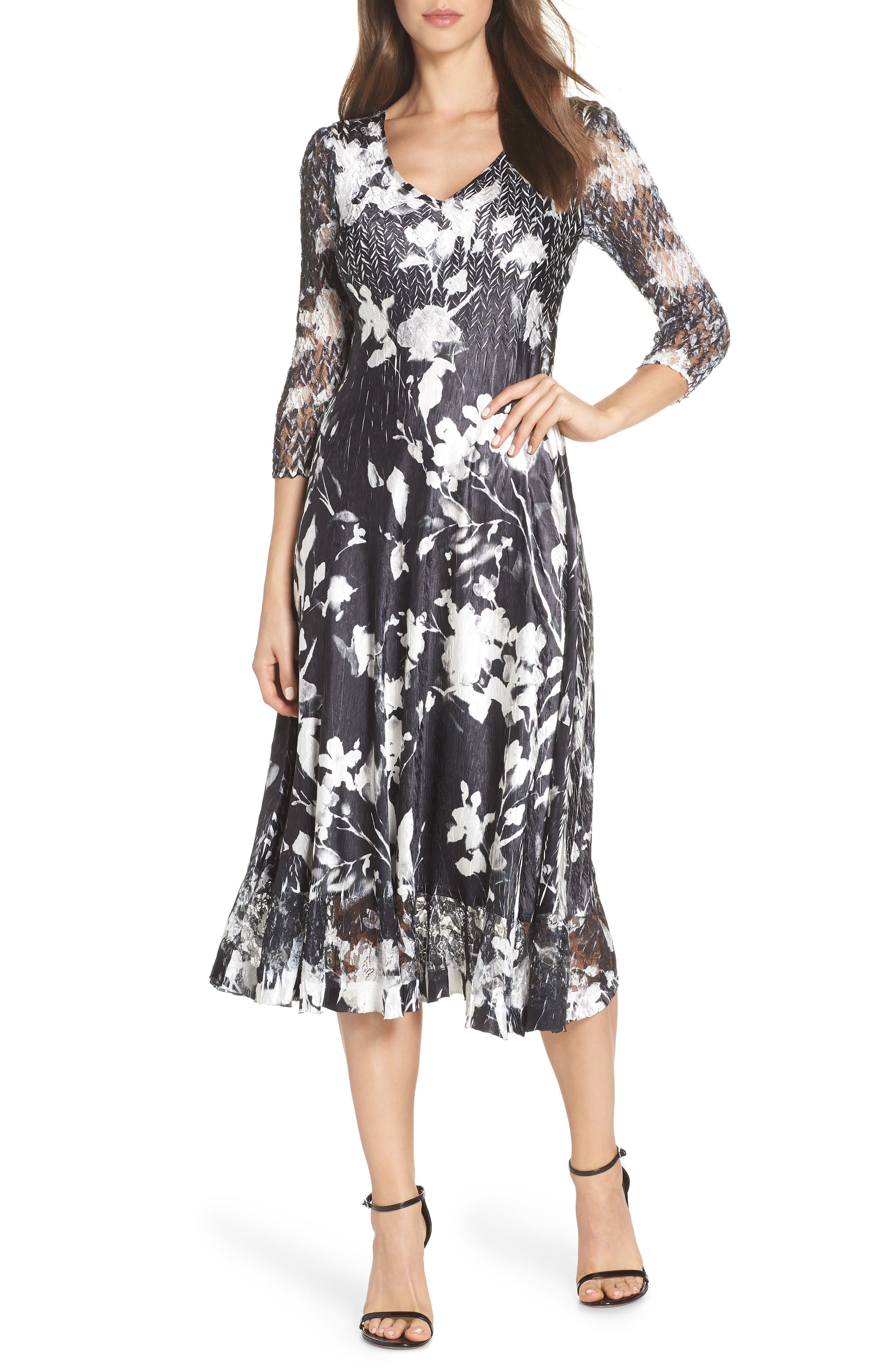 Petite Komarov Sheer Sleeve Floral Print Charmeuse A-Line Dress, Black