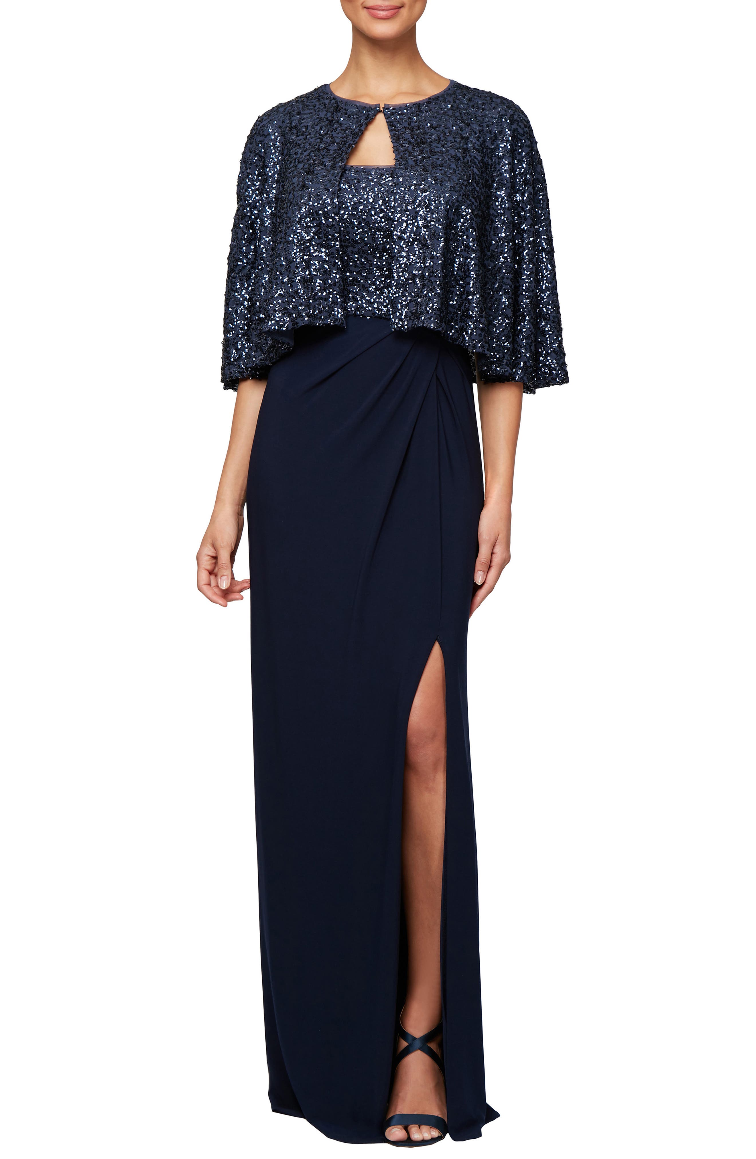 Alex Evenings Sequin Gown & Capelet, Blue