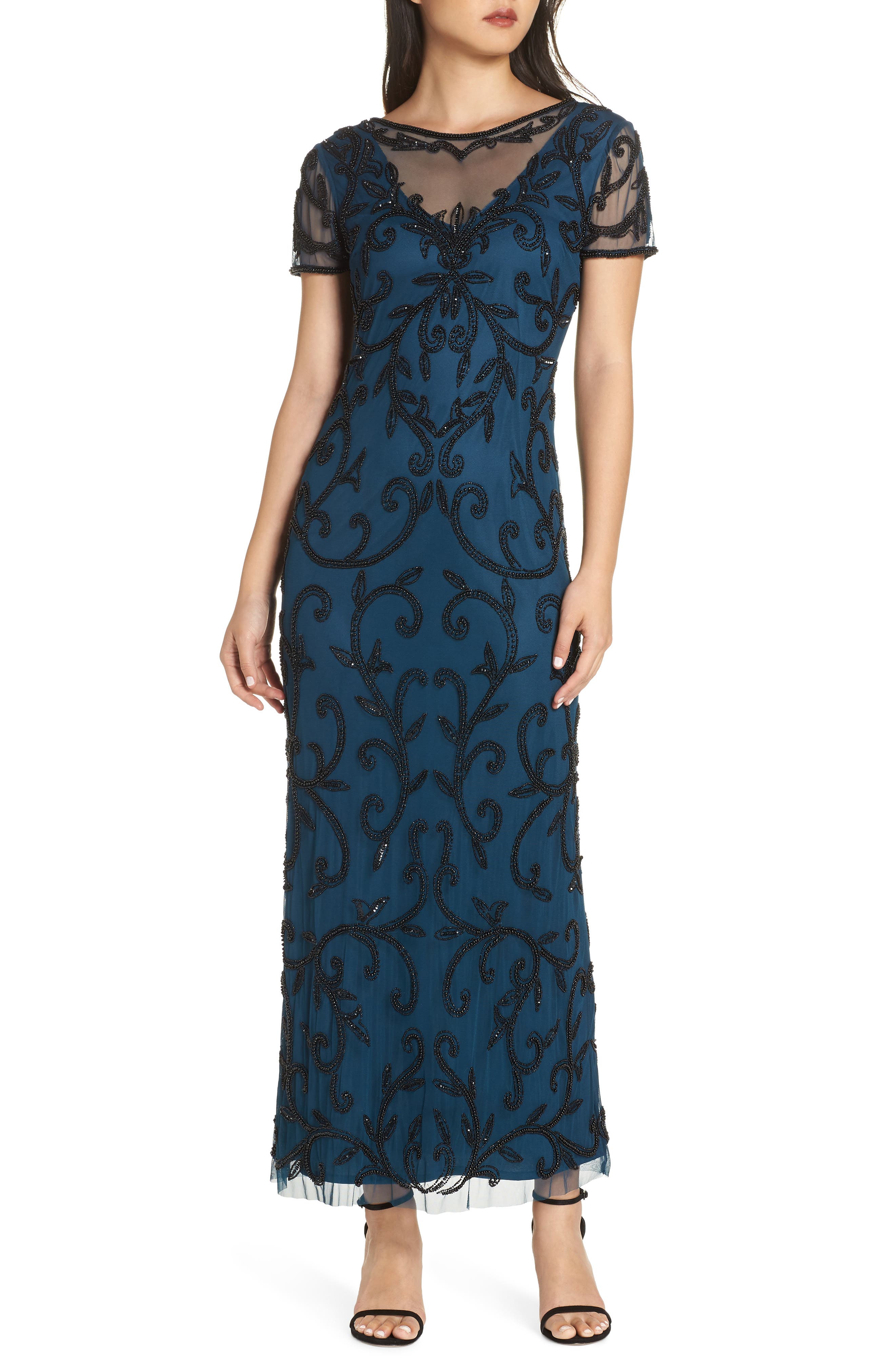 Petite Pisarro Nights Beaded Illusion Gown, Blue