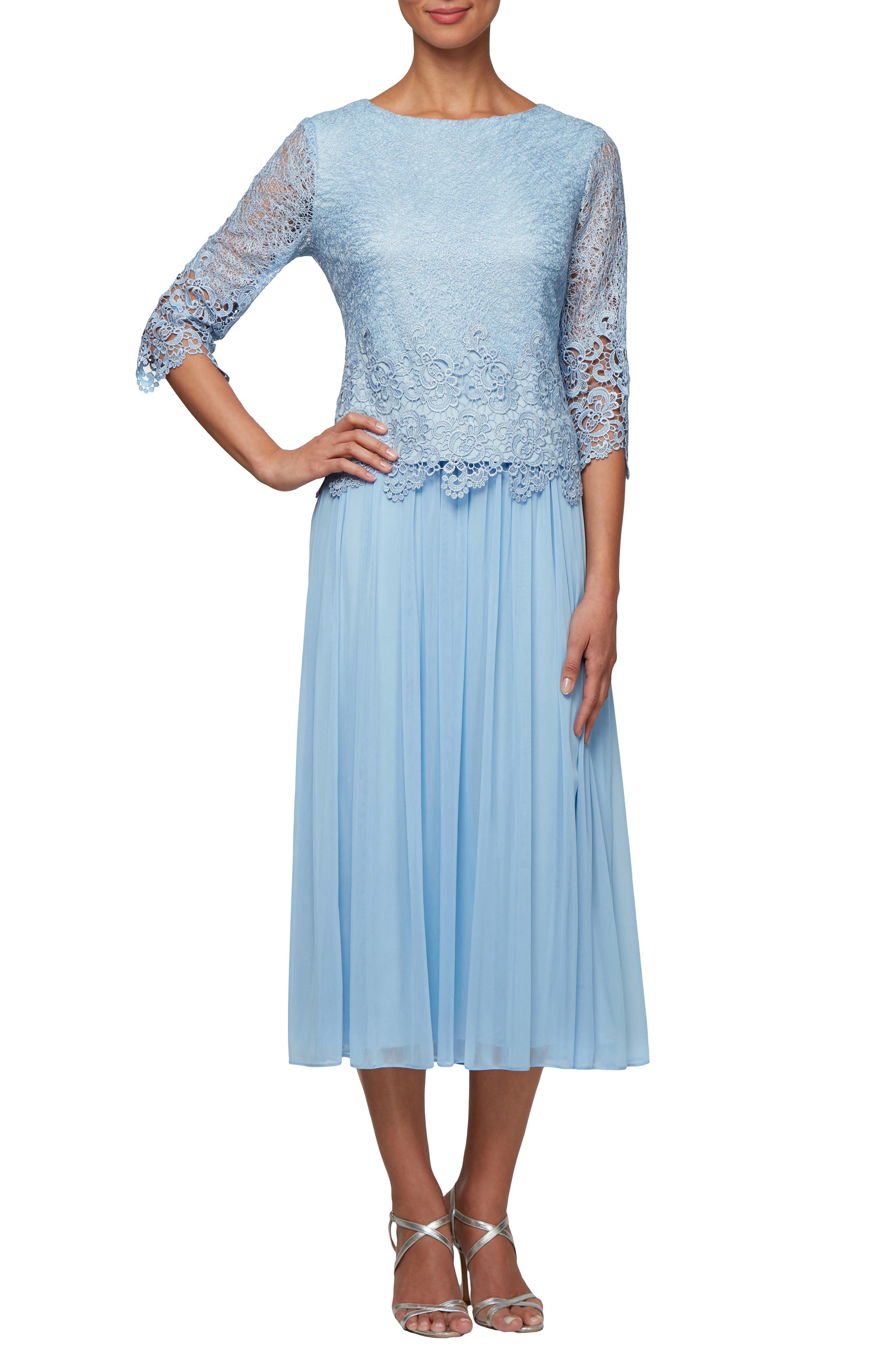 Petite Alex Evenings Lace & Tulle Popover Dress, Blue