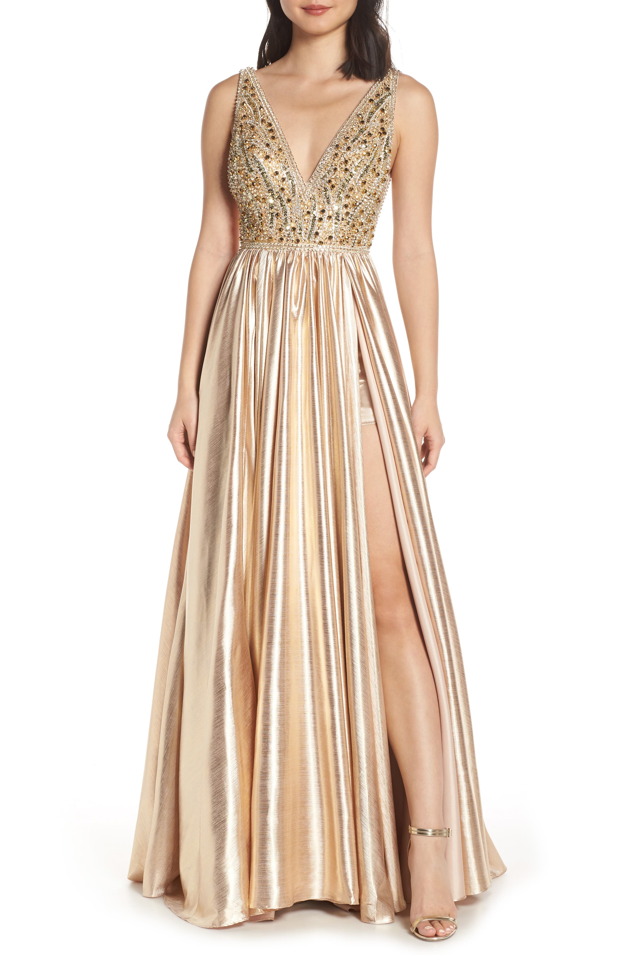 MAC Duggal V-Neck Metallic Sequin Evening Dress, Yellow
