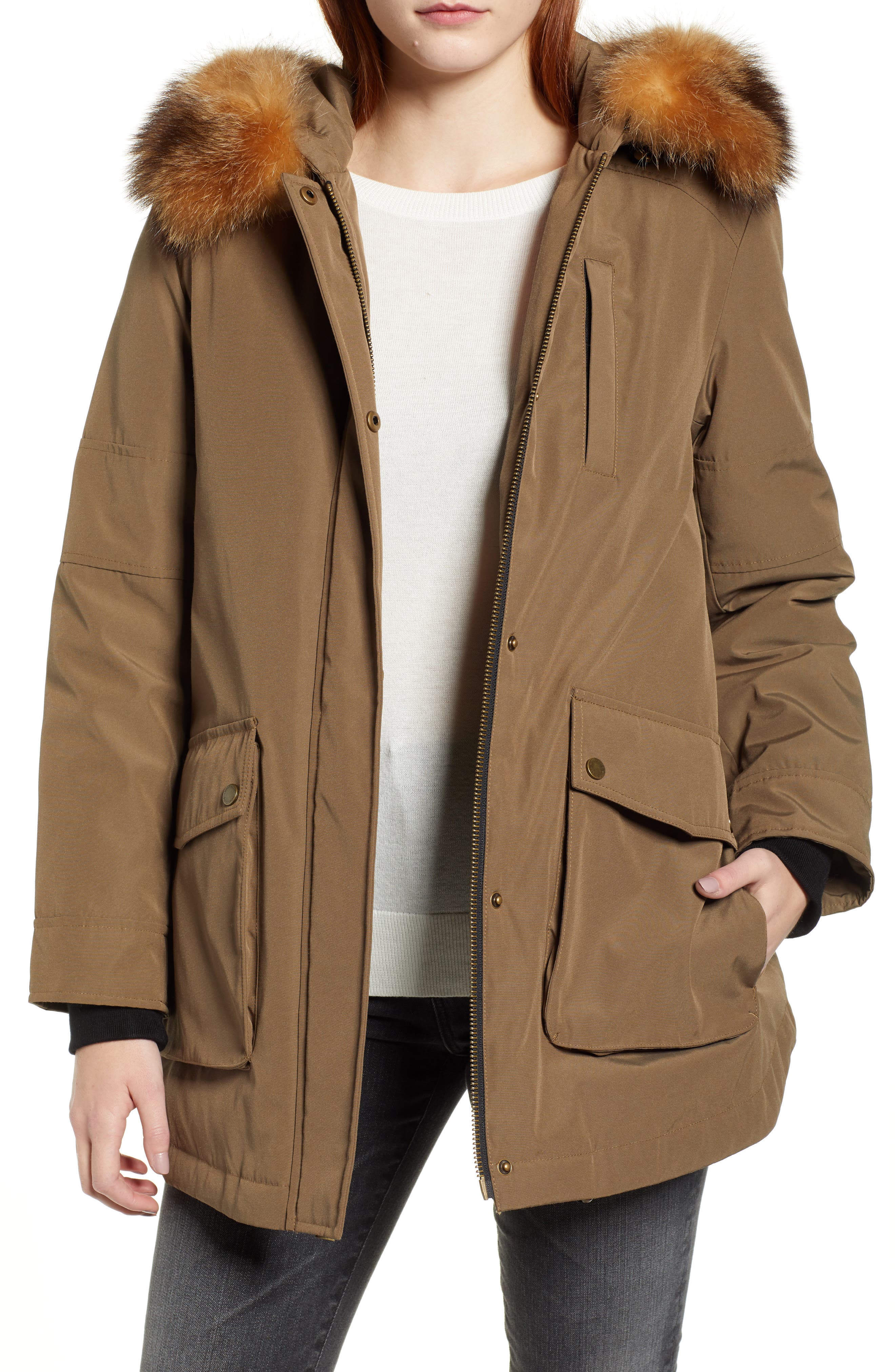 Pendleton Dawson Genuine Fur Trim Down Coat, Brown