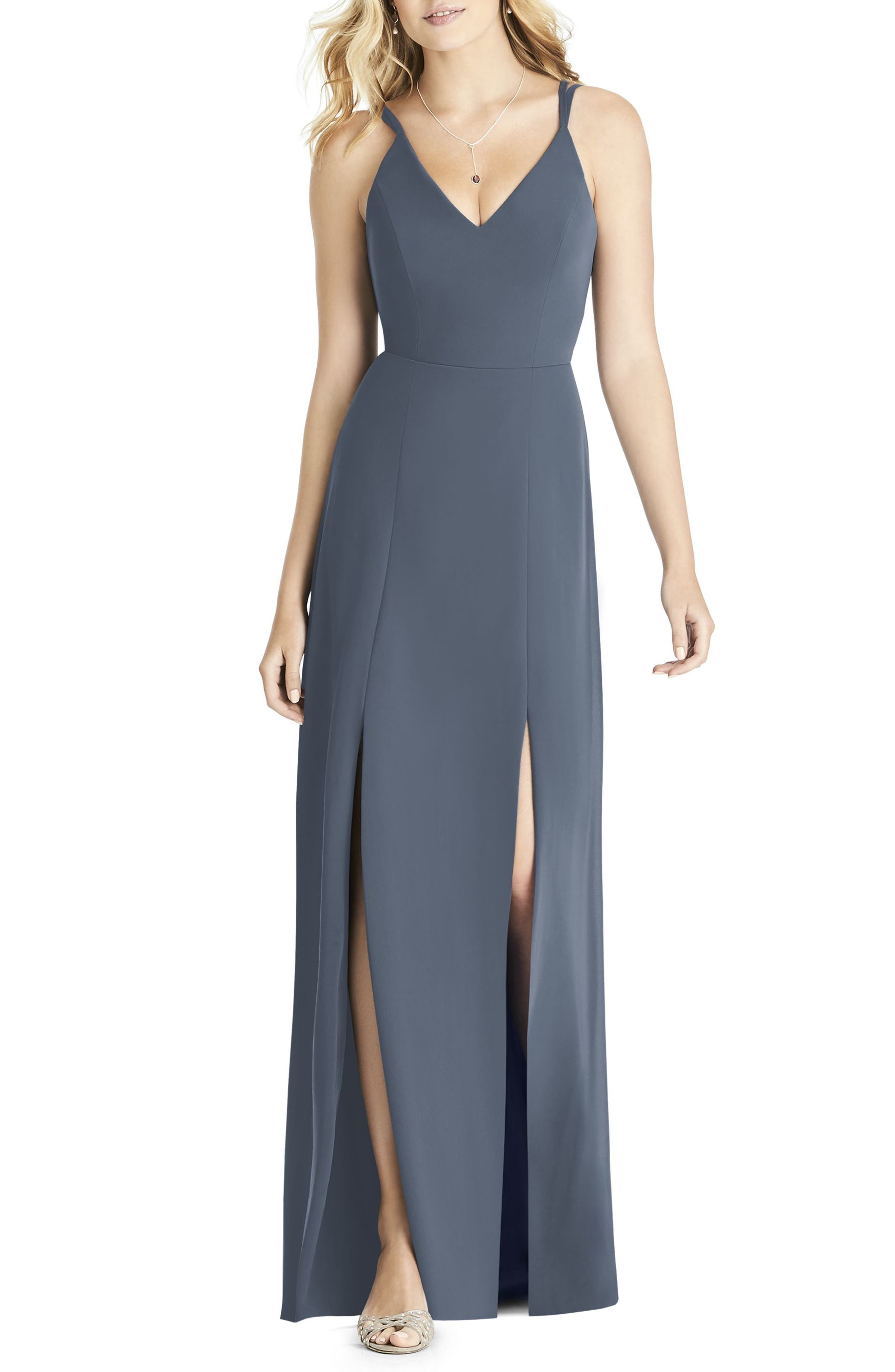 Social Bridesmaids Slit Matte Chiffon Gown, Grey