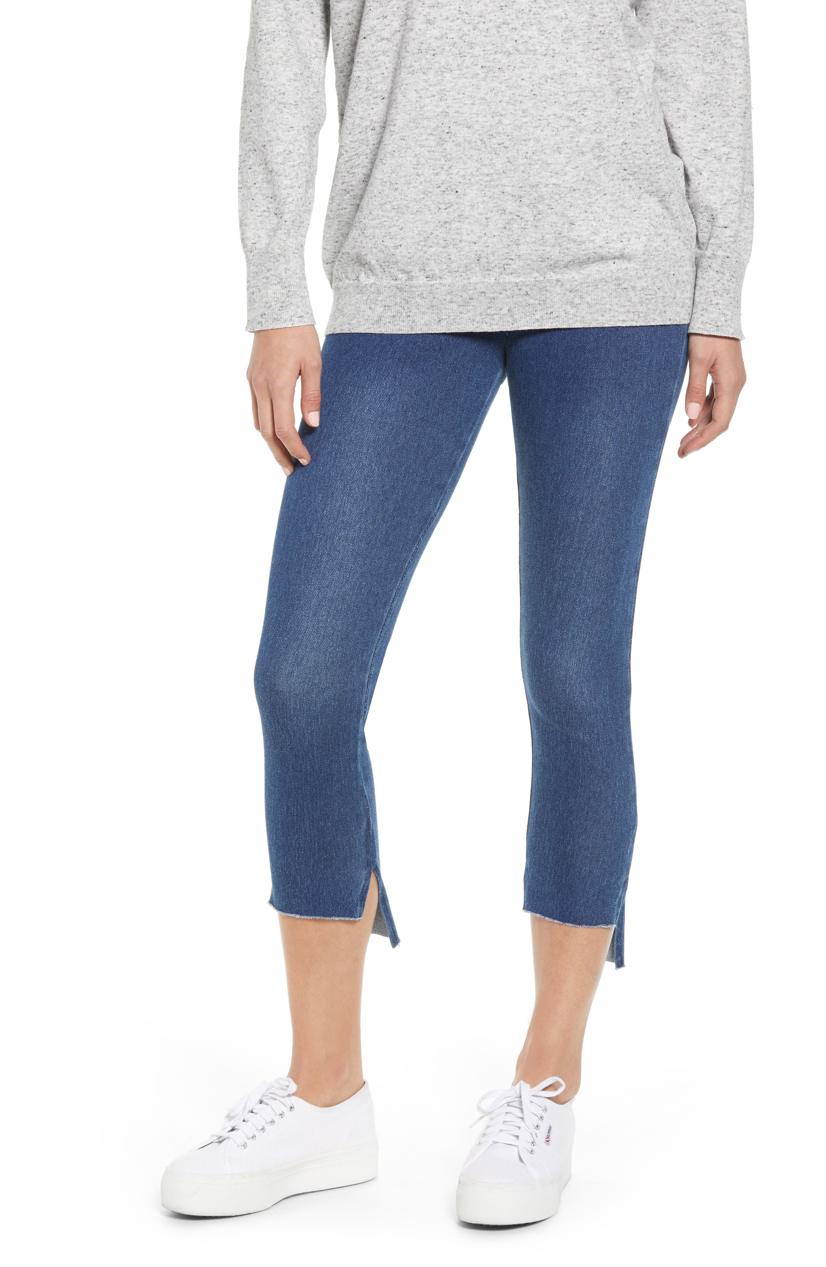 Lysse Stagger High Waist Raw Step Hem Denim Leggings, Blue