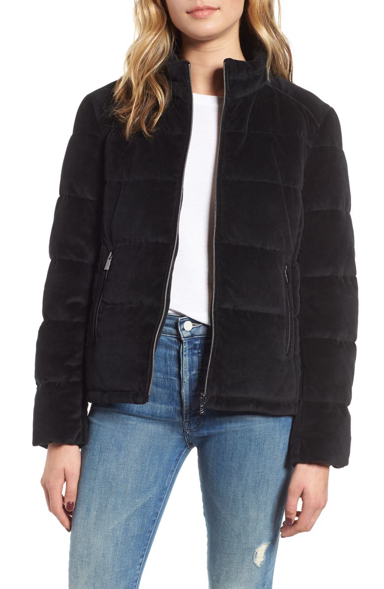 Velvet Puffer Jacket,
Main,
color, BLACK