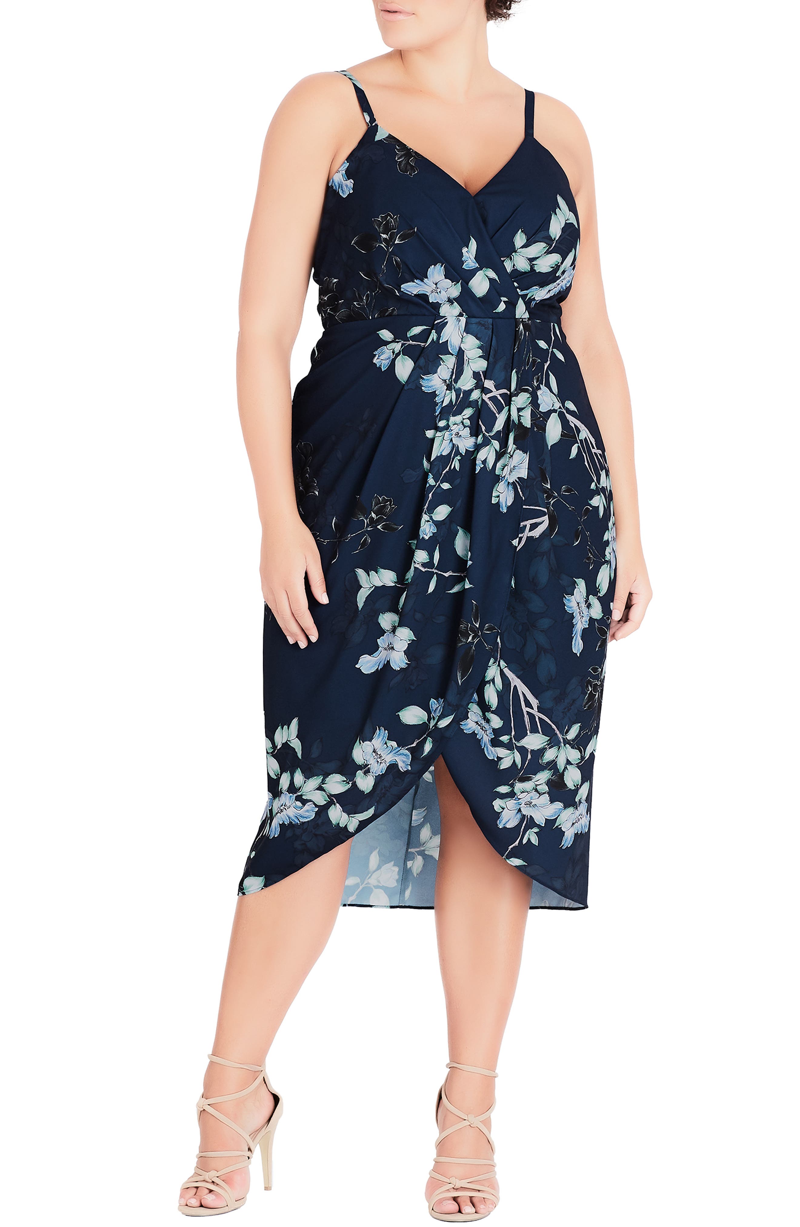 Plus Size City Chic Navy Bloom Faux Wrap Dress, Blue