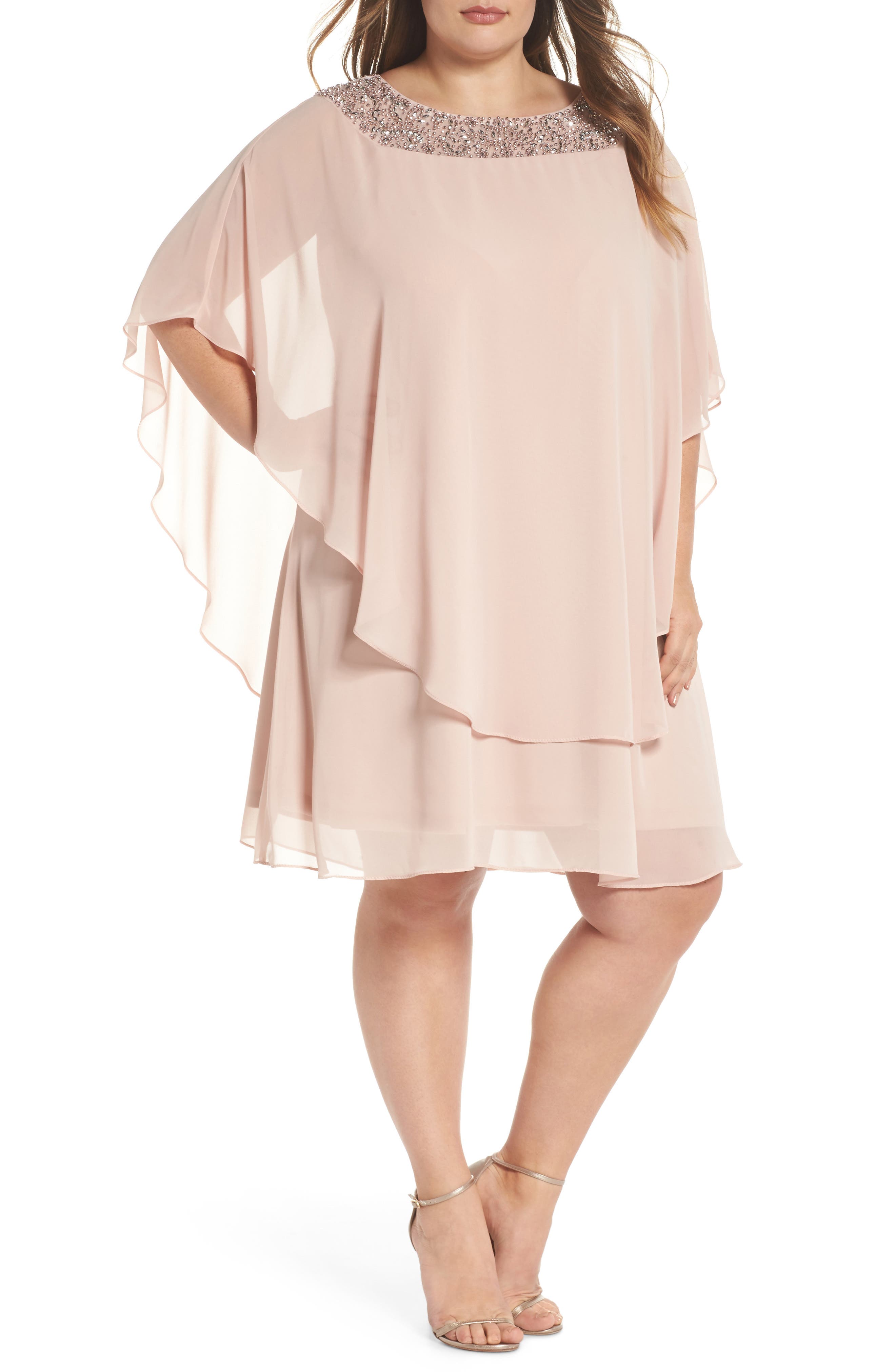 Plus Size Xscape Beaded Neck Chiffon Overlay Dress, Pink