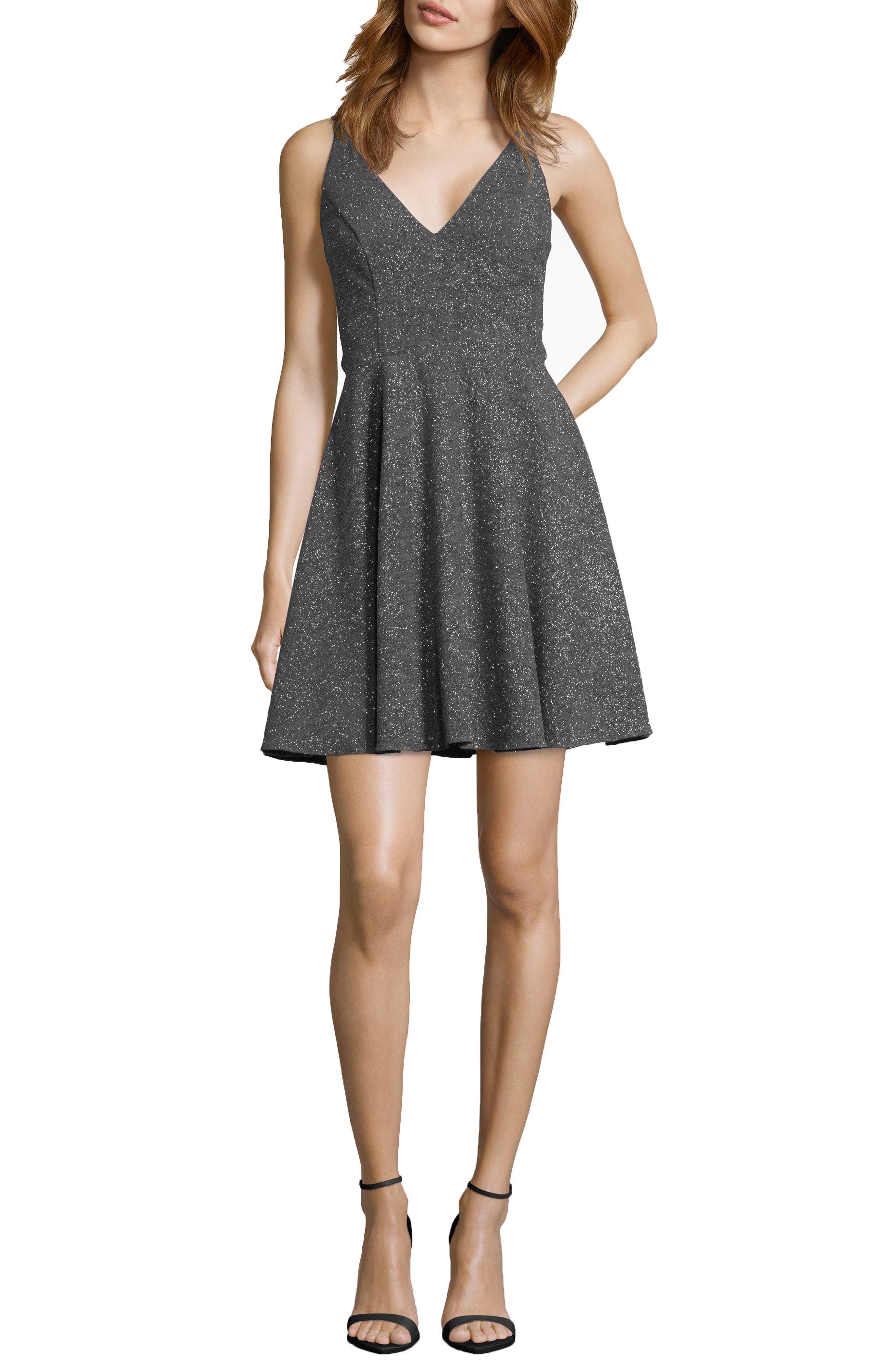 Xscape Glitter V-Neck Party Dress, Grey