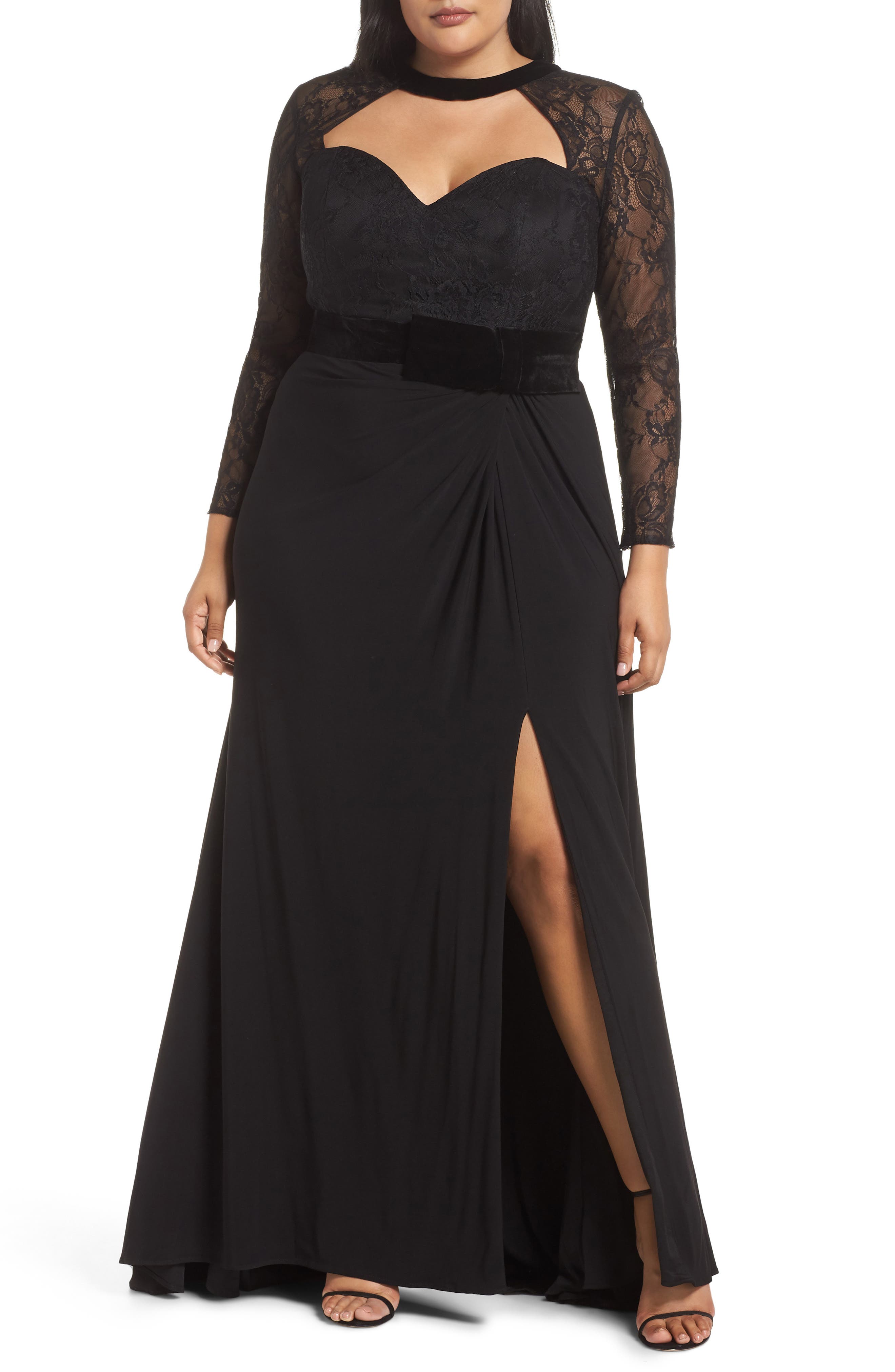 Plus Size MAC Duggal Lace Sleeve Cutout Gown, Black