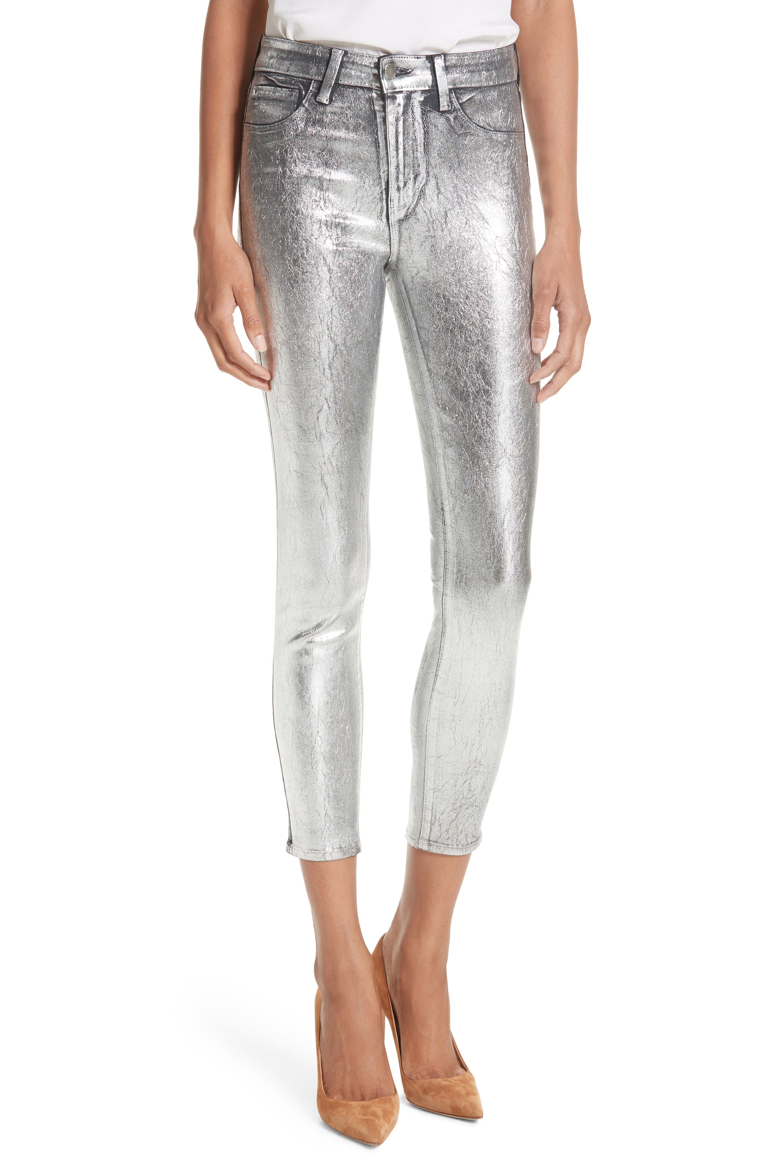 L'AGENCE Margot Metallic Coated Crop Skinny Jeans (Silver Foil) | Nordstrom