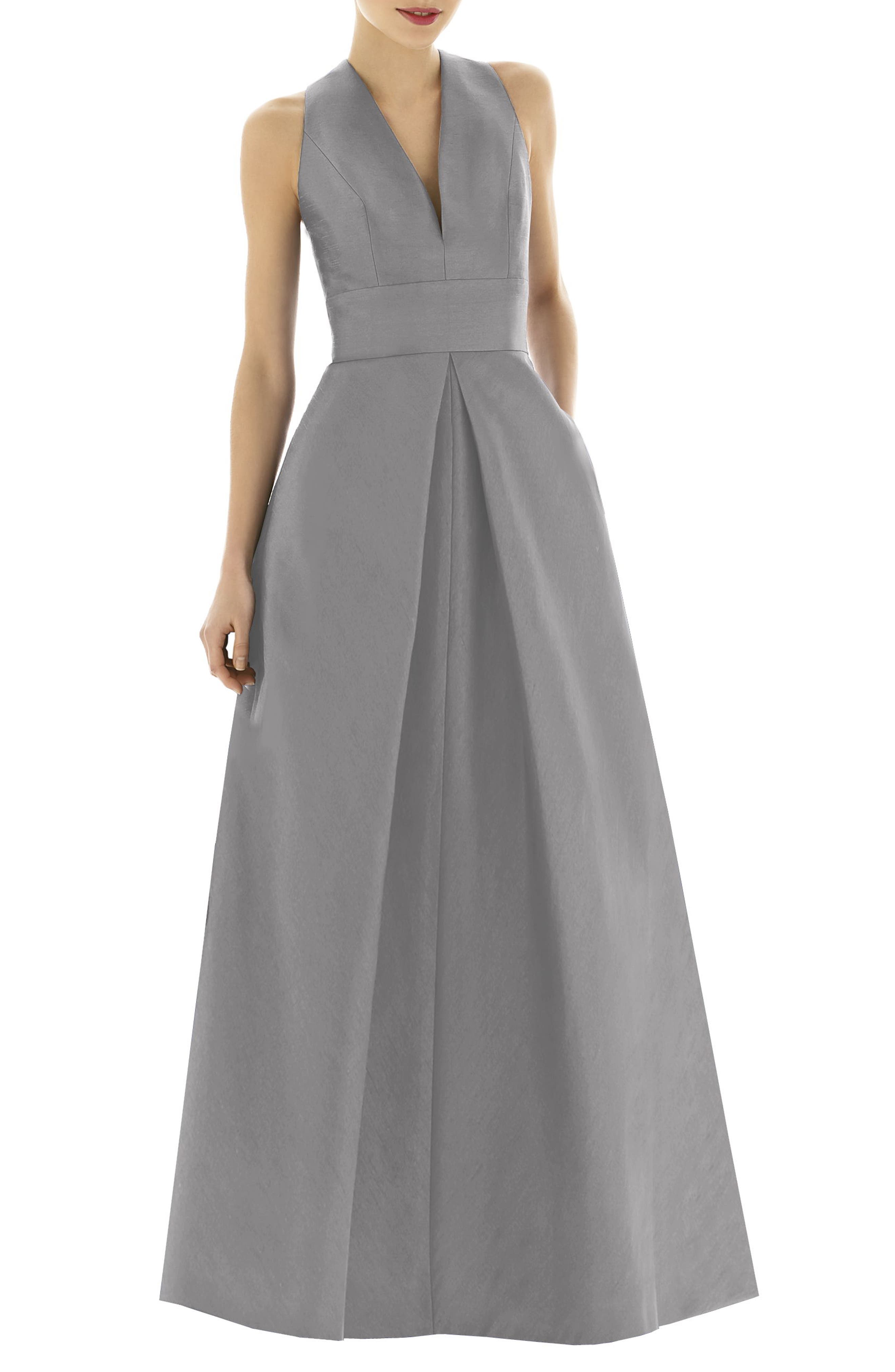 Alfred Sung V-Neck Dupioni Evening Gown, Metallic