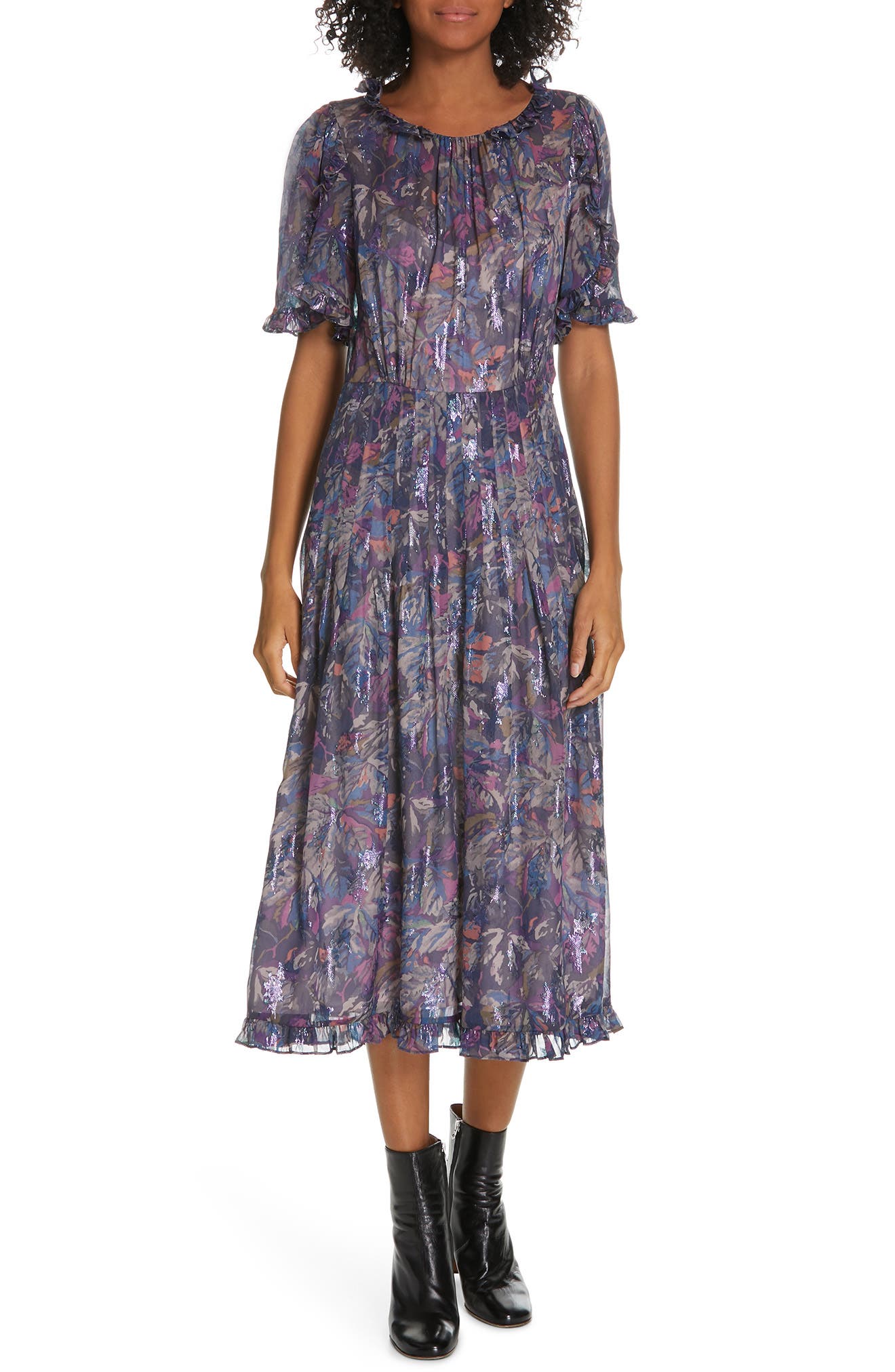 Rebecca Taylor Giverny Metallic Detail Silk Chiffon Dress