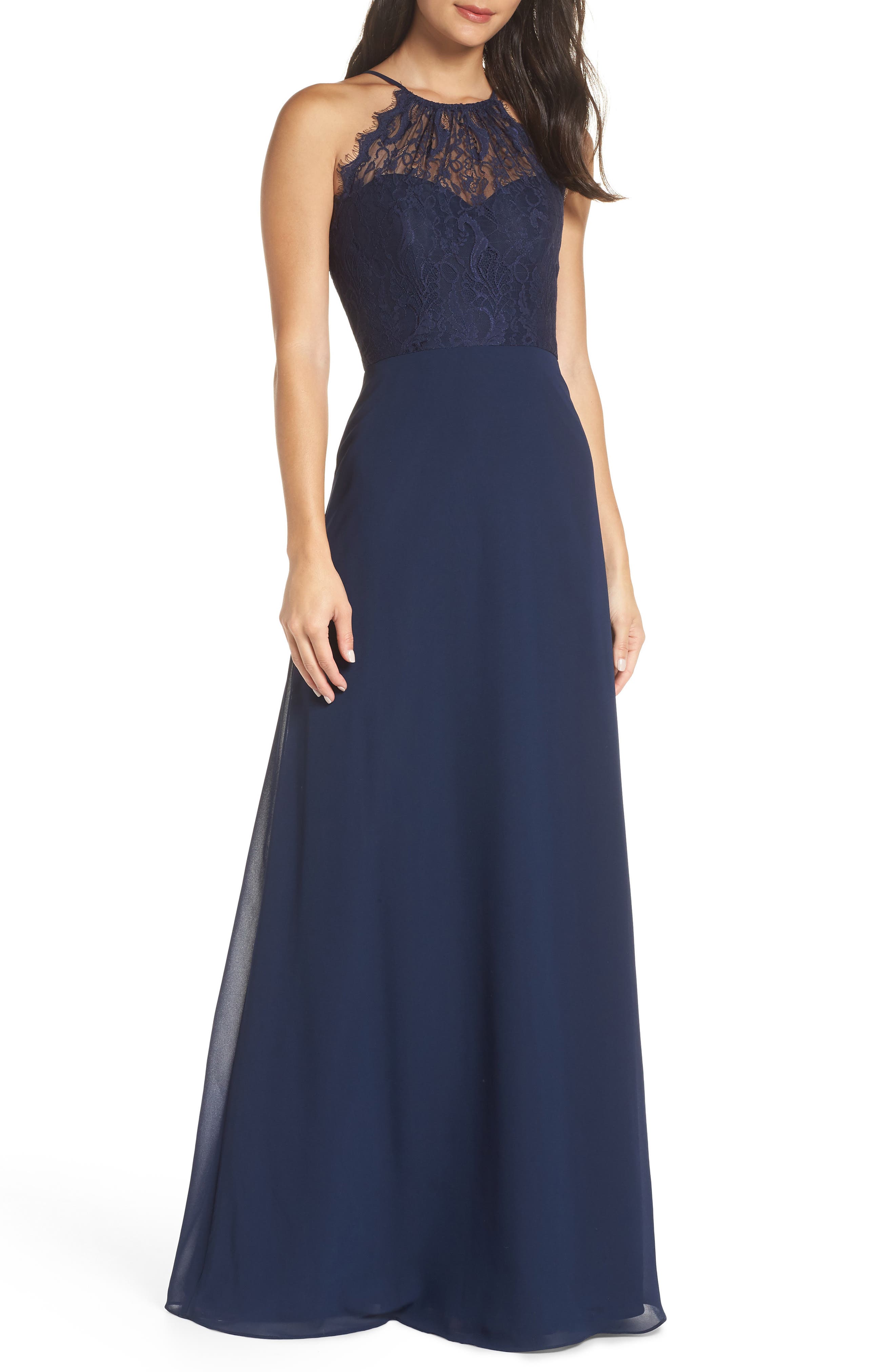 Hayley Paige Occasions Lace Halter Overlay Chiffon Gown, Blue