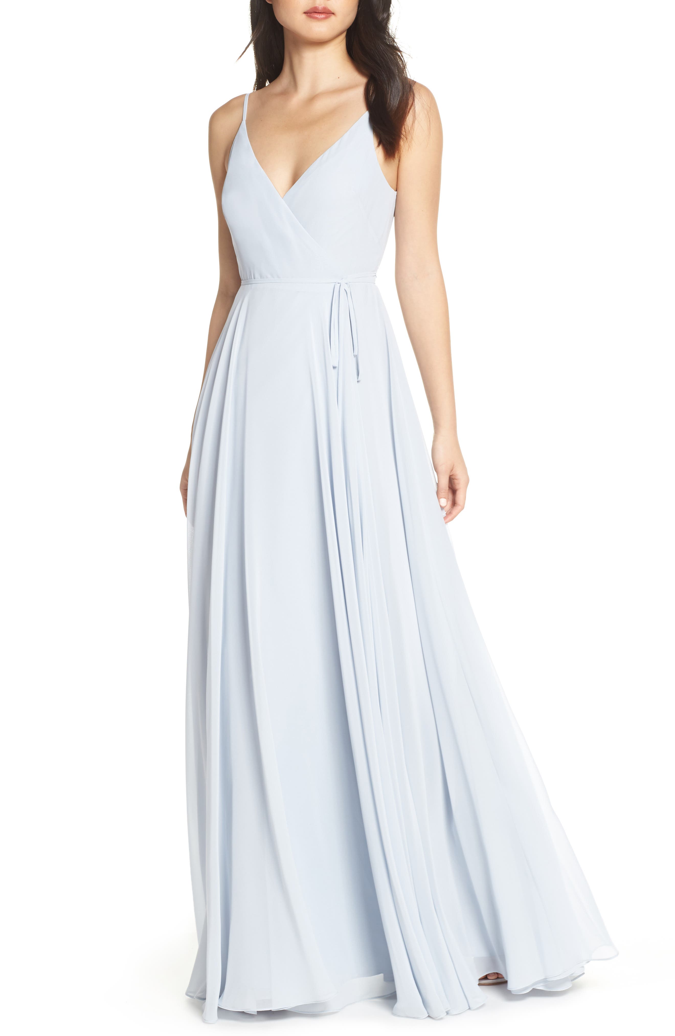 Jenny Yoo James Sleeveless Wrap Chiffon Evening Dress, Blue