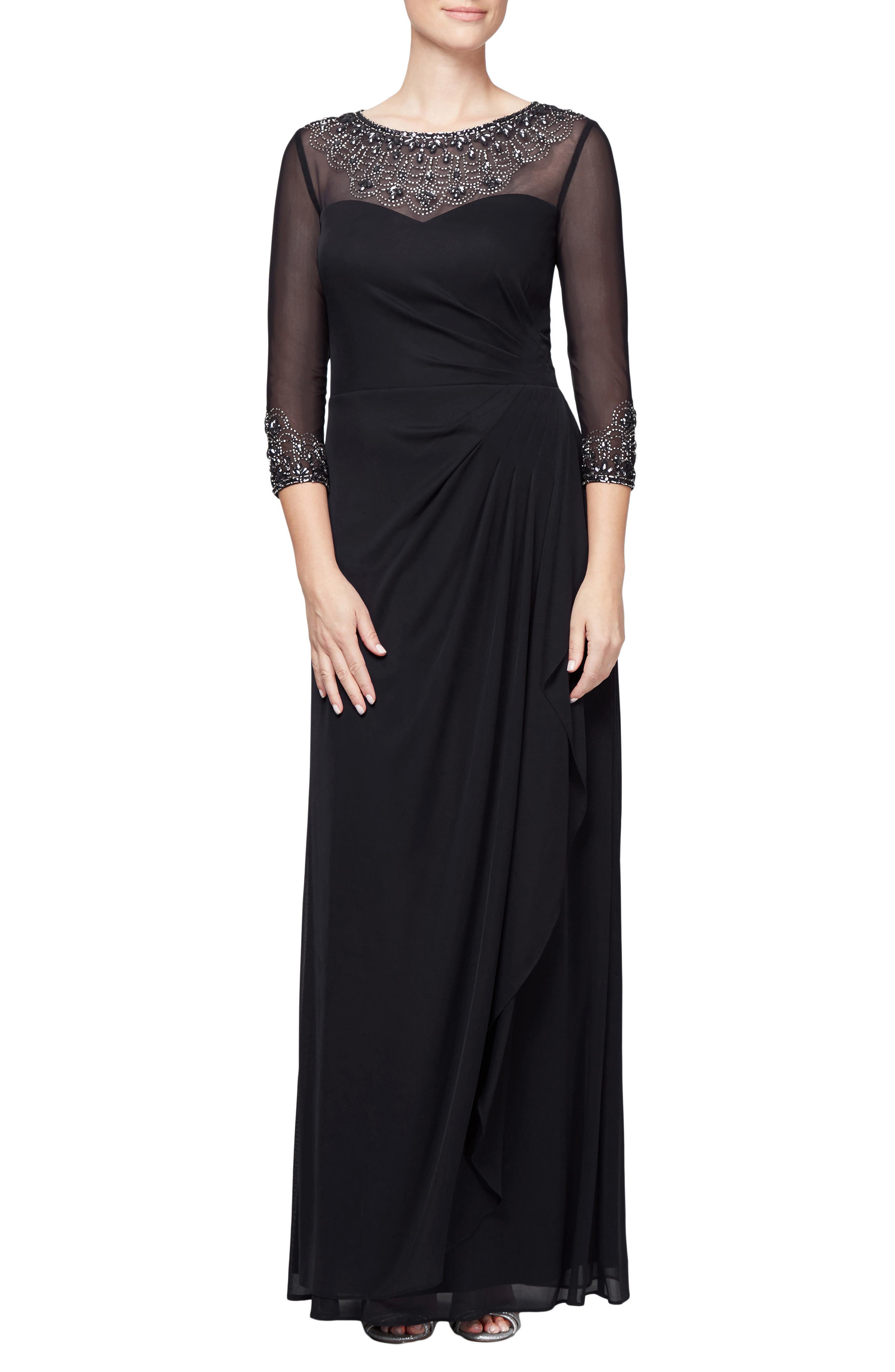 Petite Alex Evenings Embellished A-Line Gown, Black