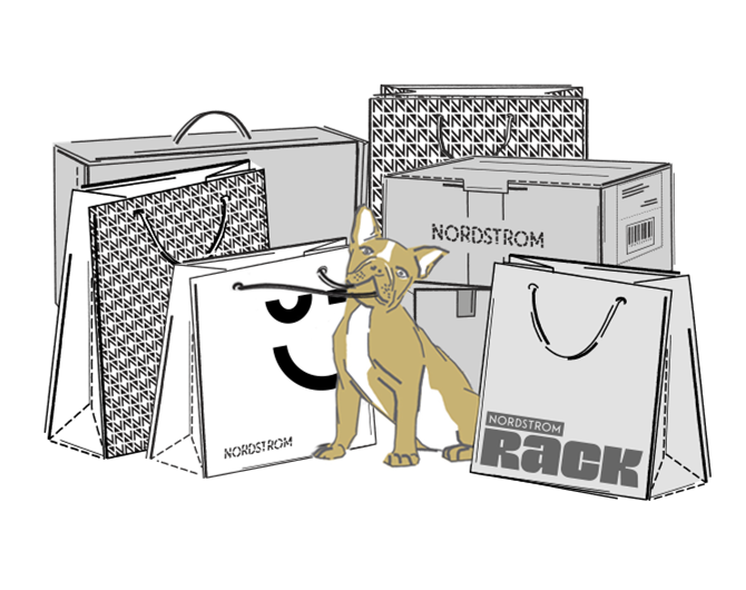 Animation of a dog playing with Nordstrom and Nordstrom Rack bags and boxes.